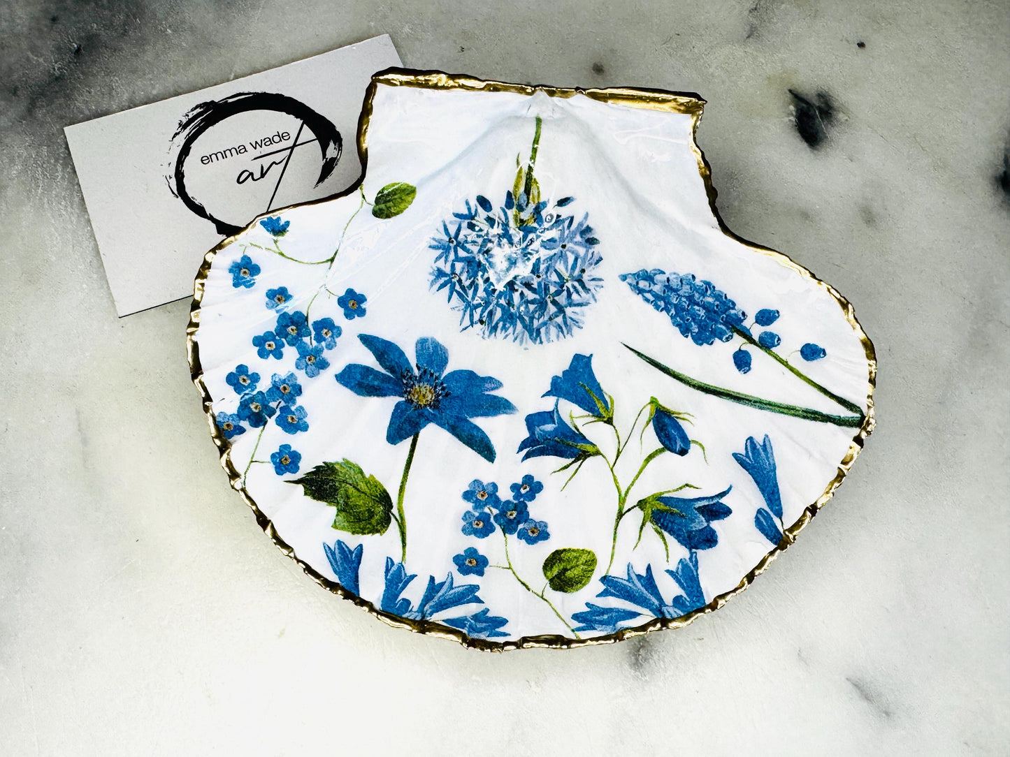 Hand Painted Scallop Shell Trinket Dish: Blue Spring Handmade Blue Spring Floral Scallop Trinket Dish | Gold Gilded Shell Ring Holder | Coastal Gift, Gold Leaf tray