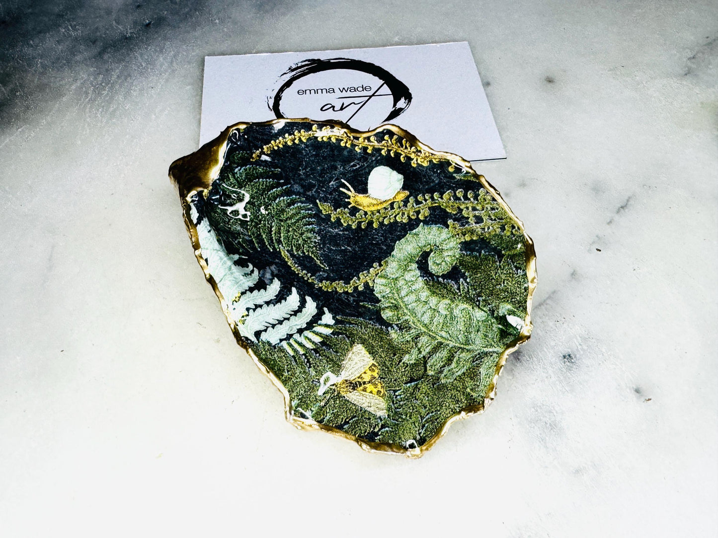 Gifts for her, Gift for him, gifts for new moms, decoupaged oyster shell, Ring holder, nature lover gift, Trinket dish, jewellery dish, Anniversary gift , bridesmaid gift, anniversary gift, Uk Coastal shell decor, ferns ornament, oyster trinket dish, forest gift, gift for her, gift for mum, gift for grandma, gardeners gift, shell trinket dish, handpainted shell, Dorset oyster, snail gift, Gideon gold oyster, green dish, handmade dish, kitchen decor, oyster serving dish, oyster jewelry dish,