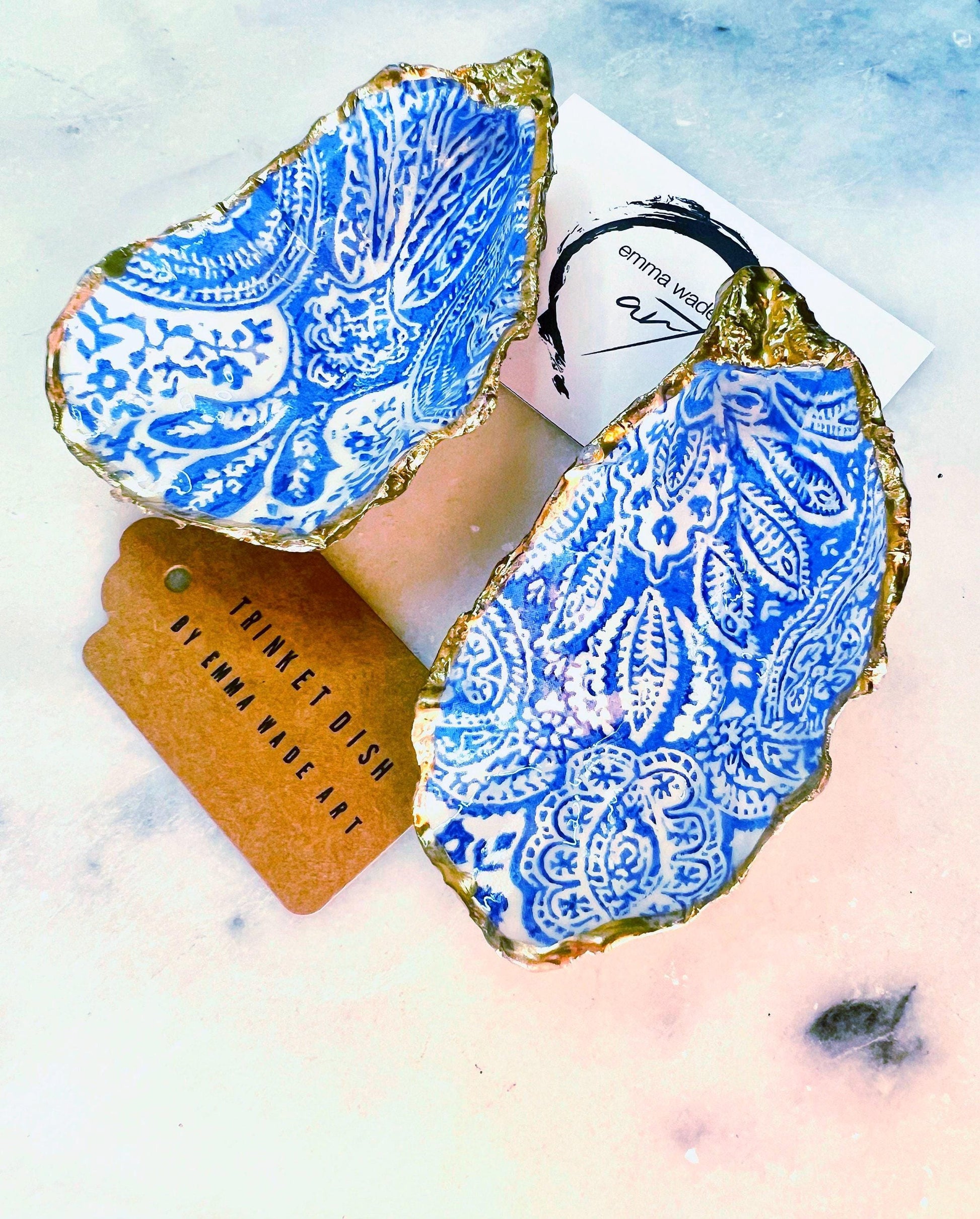 Gift for her, decoupaged oyster shell, paisley blue dish, shell jewelry trinket dish,  jewellery oyster dish, shell trinket dish, nature lover gift, scallop jewelry ring dish, wedding gift, anniversary gift, coastal gift, Paisley oyster dish by EmmaWadeART, gardeners gift, gift for him, paisley gift, oyster jewelry shell dish, paisley oyster trinket tray, paisley blue shell, paisley ornament, paisley dish, bee accessory, bee serving plate, gold gilded oyster, handmade oyster dish,