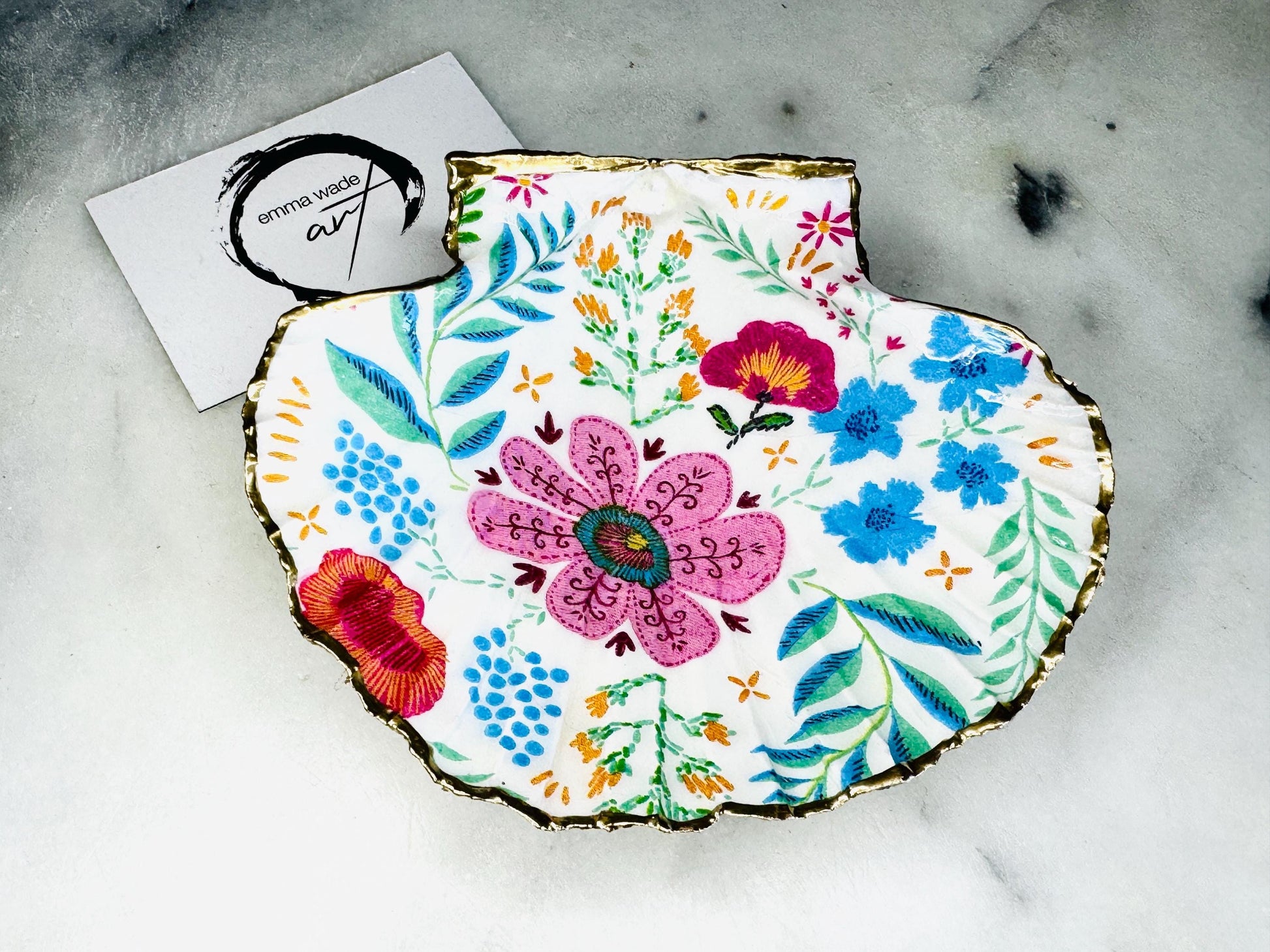 pink flamingo gift, flowers art, Decoupage scallop, shell trinket dish, jewellery shell dish, gift for her, ring carrier dish, coastal decor, shell Decor, flower scallop dish, nature lover gift, coastal gift, gift for her, decorated dish, jewelry trinket dish, decoupage scallop shell, coastal decor by EmmaWadeART, ocean jewelry dish, ocean decor, shell trinket tray, scallop trinket tray, shell art, handmade trinket dish, gold gilded dish, proposal dish, ring dish display, ring bearer dish