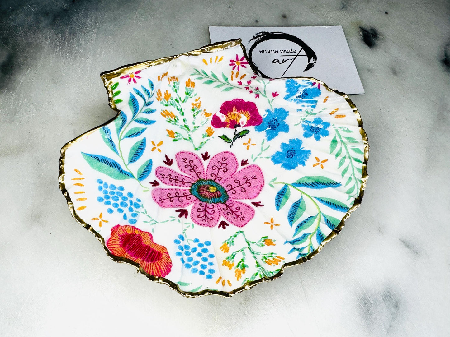 pink flamingo gift, flowers art, Decoupage scallop, shell trinket dish, jewellery shell dish, gift for her, ring carrier dish, coastal decor, shell Decor, flower scallop dish, nature lover gift, coastal gift, gift for her, decorated dish, jewelry trinket dish, decoupage scallop shell, coastal decor by EmmaWadeART, ocean jewelry dish, ocean decor, shell trinket tray, scallop trinket tray, shell art, handmade trinket dish, gold gilded dish, proposal dish, ring dish display, ring bearer dish