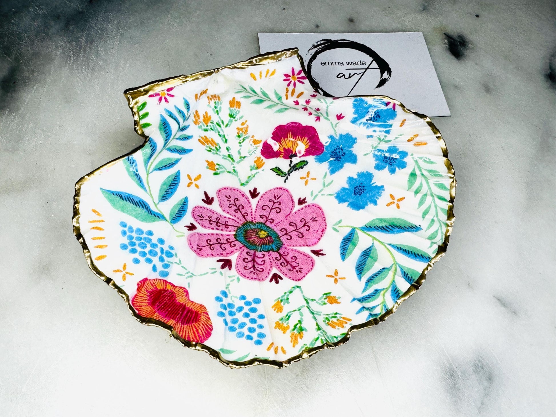pink flamingo gift, flowers art, Decoupage scallop, shell trinket dish, jewellery shell dish, gift for her, ring carrier dish, coastal decor, shell Decor, flower scallop dish, nature lover gift, coastal gift, gift for her, decorated dish, jewelry trinket dish, decoupage scallop shell, coastal decor by EmmaWadeART, ocean jewelry dish, ocean decor, shell trinket tray, scallop trinket tray, shell art, handmade trinket dish, gold gilded dish, proposal dish, ring dish display, ring bearer dish