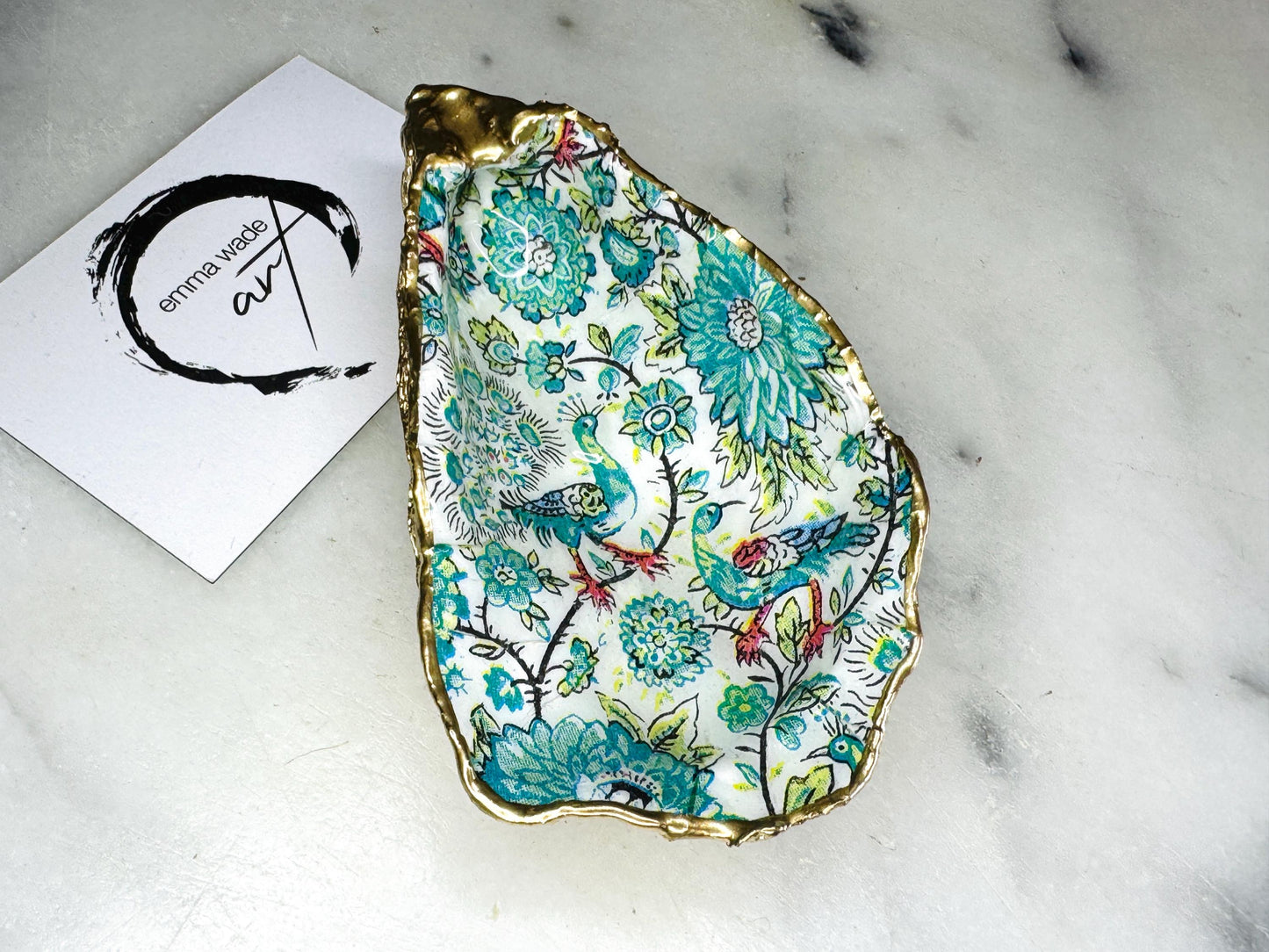 Hand Gilded Peacock Oyster Shell Trinket Dish: Dorset Coastal Decor, Dorset Shell Ring Holder, Bird lover gift