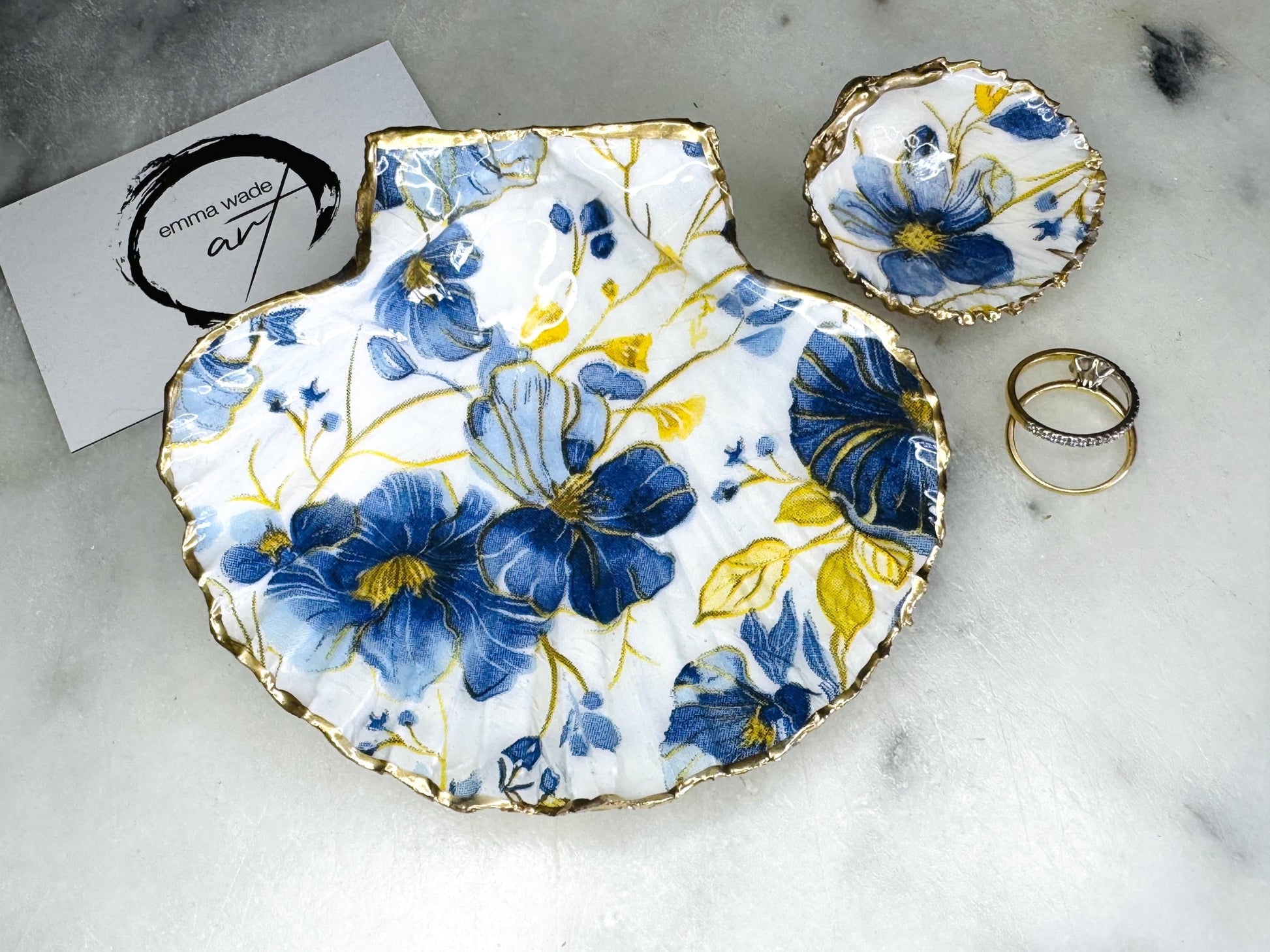 Gift for her, Gift for him, Spring gift, decoupaged scallop shell, Ring holder, Shell scallop Jewellery dish, Trinket dish, flower gift, Anniversary gift , Wedding gift, gift for Mum, Coastal decor, flower gift, EmmaWadeART, nature lover gift, Ring Holder, Proposal Flower shell trinket and ring set, Coastal Wall Decor, Scallop Shell Trinket Dish by Emma Wade ART, Coastal Triptych UK, UK shell ART, Bluebell Ring Dish, Blue Yellow Flowers trinket dish, scallop and cockle dish set, ring bearer dish