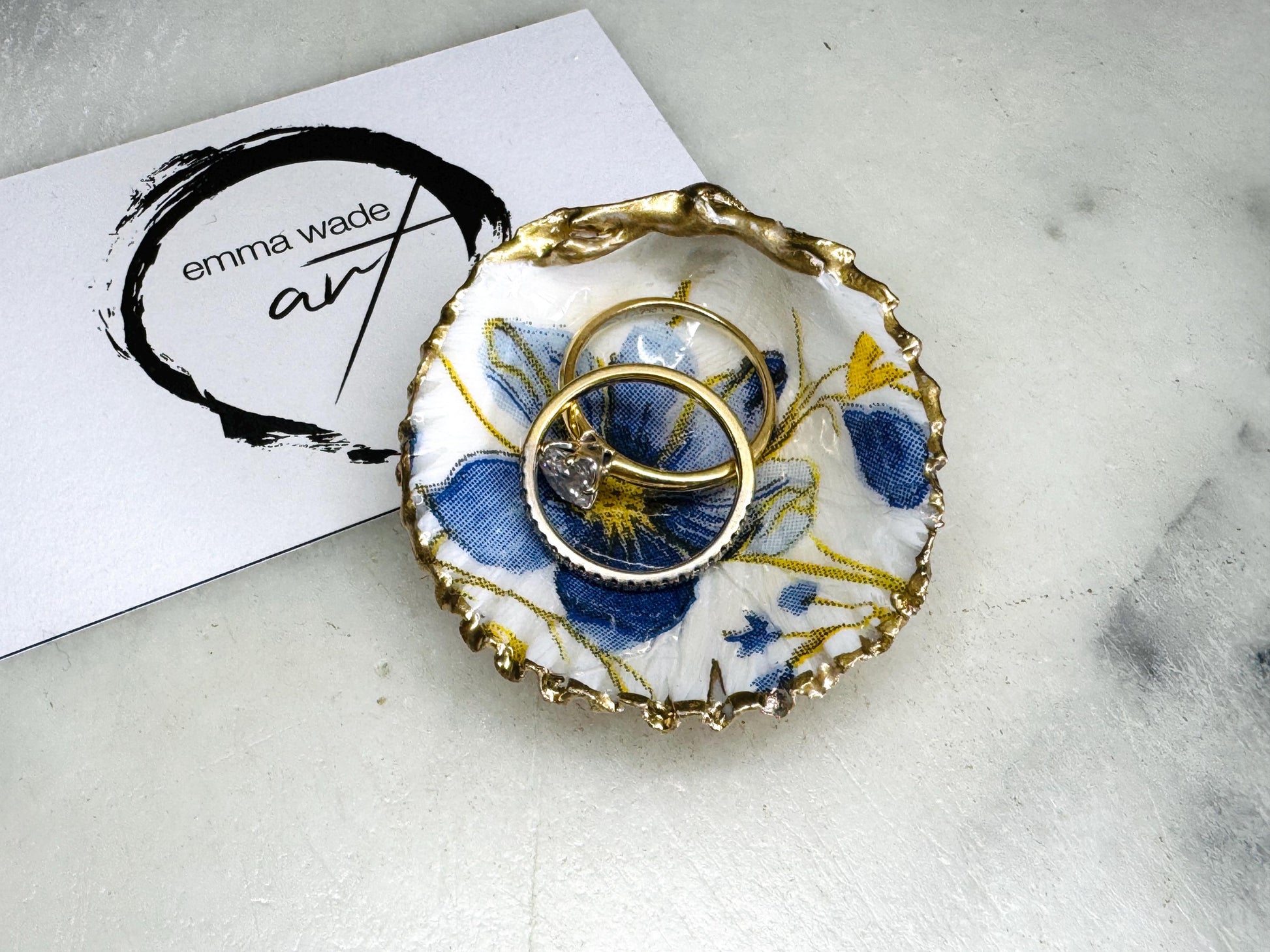 Gift for her, Gift for him, Spring gift, decoupaged scallop shell, Ring holder, Shell scallop Jewellery dish, Trinket dish, flower gift, Anniversary gift , Wedding gift, gift for Mum, Coastal decor, flower gift, EmmaWadeART, nature lover gift, Ring Holder, Proposal Flower shell trinket and ring set, Coastal Wall Decor, Scallop Shell Trinket Dish by Emma Wade ART, Coastal Triptych UK, UK shell ART, Bluebell Ring Dish, Blue Yellow Flowers trinket dish, scallop and cockle dish set, ring bearer dish