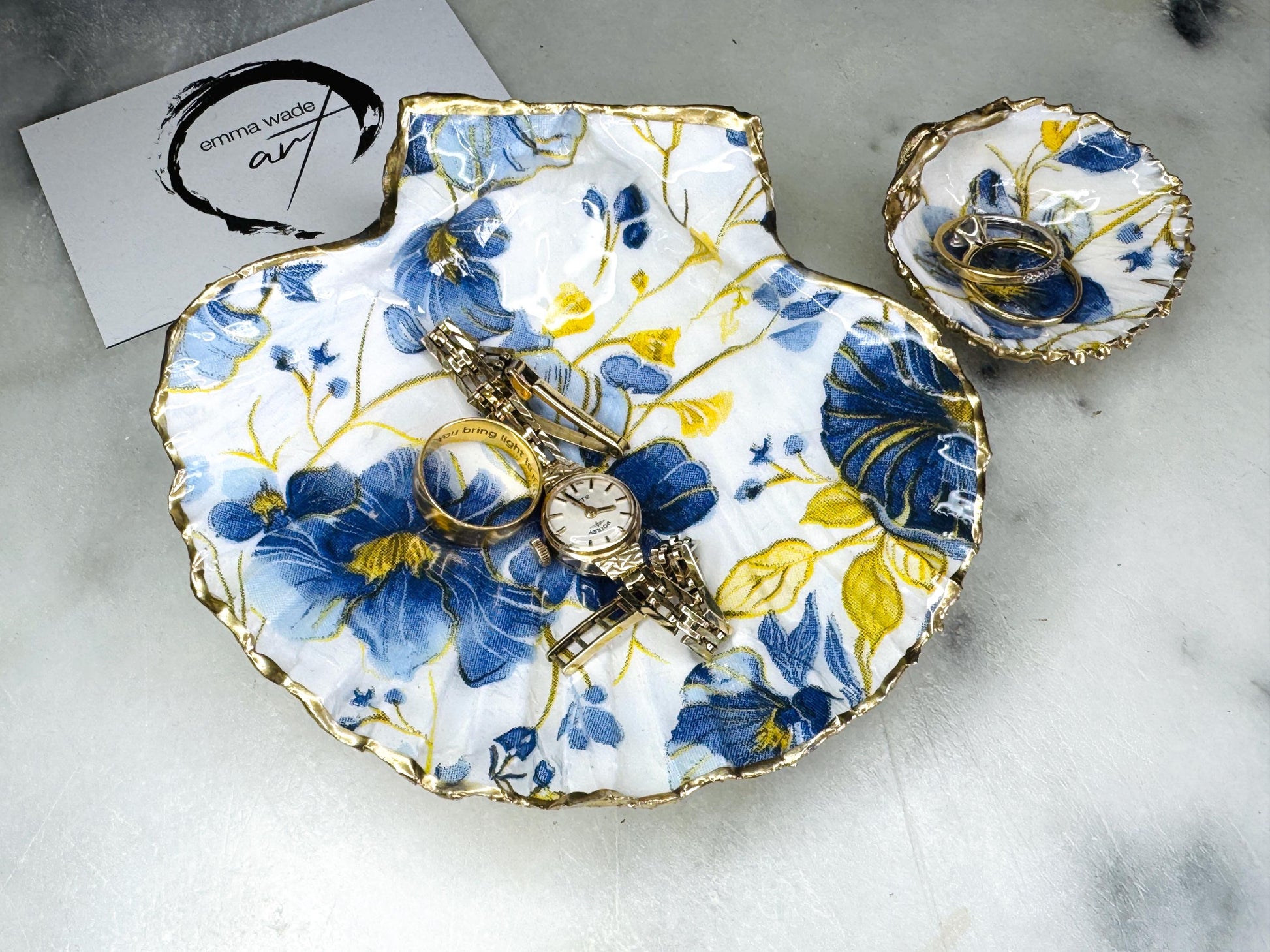 Gift for her, Gift for him, Spring gift, decoupaged scallop shell, Ring holder, Shell scallop Jewellery dish, Trinket dish, flower gift, Anniversary gift , Wedding gift, gift for Mum, Coastal decor, flower gift, EmmaWadeART, nature lover gift, Ring Holder, Proposal Flower shell trinket and ring set, Coastal Wall Decor, Scallop Shell Trinket Dish by Emma Wade ART, Coastal Triptych UK, UK shell ART, Bluebell Ring Dish, Blue Yellow Flowers trinket dish, scallop and cockle dish set, ring bearer dish