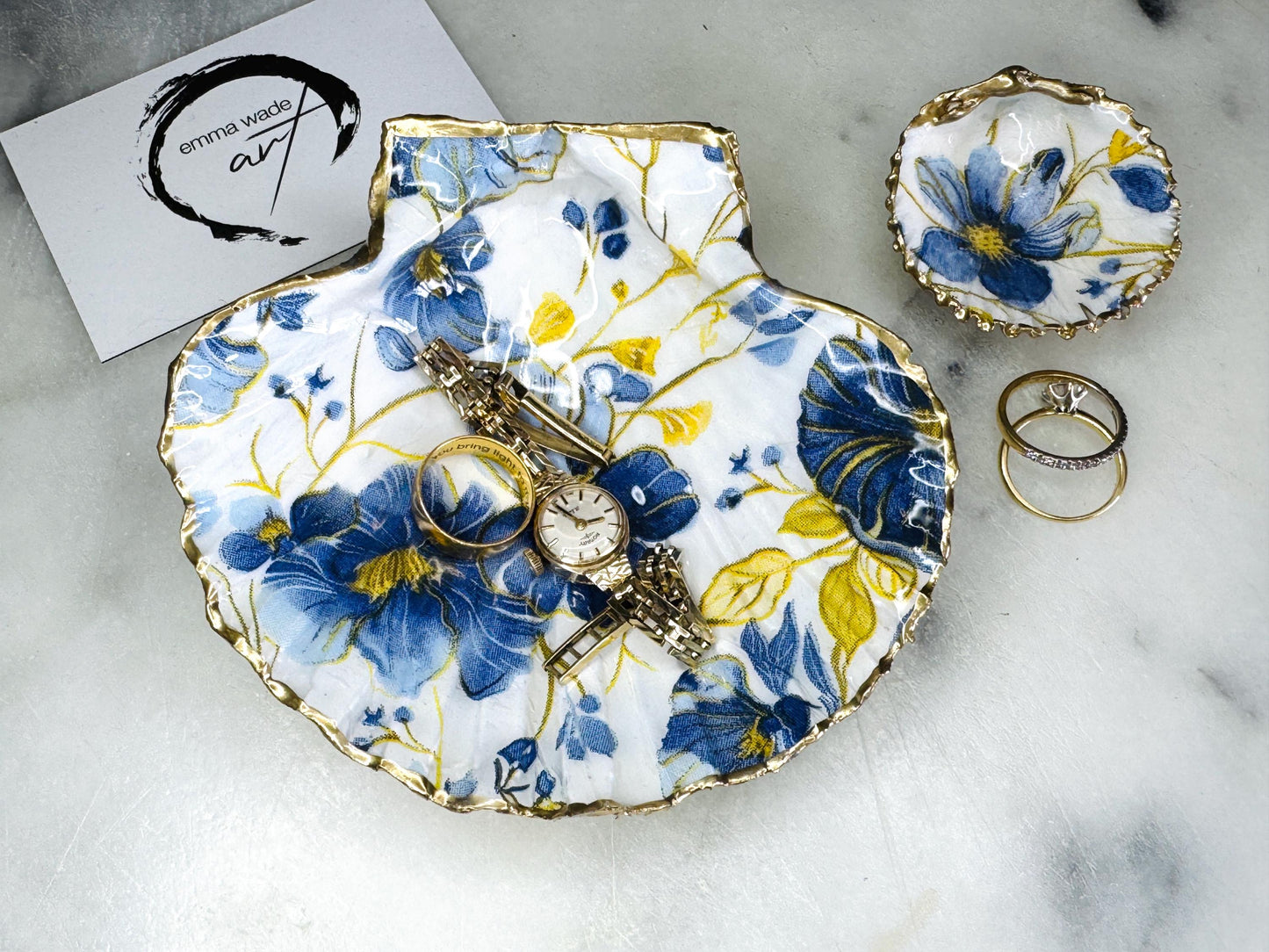 Gift for her, Gift for him, Spring gift, decoupaged scallop shell, Ring holder, Shell scallop Jewellery dish, Trinket dish, flower gift, Anniversary gift , Wedding gift, gift for Mum, Coastal decor, flower gift, EmmaWadeART, nature lover gift, Ring Holder, Proposal Flower shell trinket and ring set, Coastal Wall Decor, Scallop Shell Trinket Dish by Emma Wade ART, Coastal Triptych UK, UK shell ART, Bluebell Ring Dish, Blue Yellow Flowers trinket dish, scallop and cockle dish set, ring bearer dish