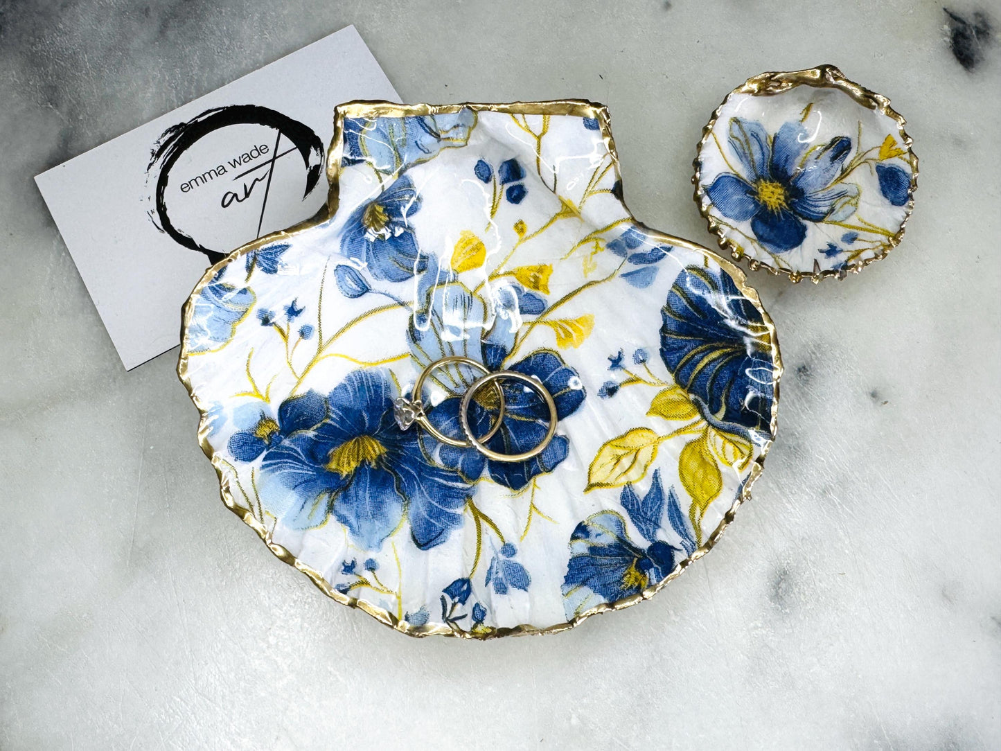 Gift for her, Gift for him, Spring gift, decoupaged scallop shell, Ring holder, Shell scallop Jewellery dish, Trinket dish, flower gift, Anniversary gift , Wedding gift, gift for Mum, Coastal decor, flower gift, EmmaWadeART, nature lover gift, Ring Holder, Proposal Flower shell trinket and ring set, Coastal Wall Decor, Scallop Shell Trinket Dish by Emma Wade ART, Coastal Triptych UK, UK shell ART, Bluebell Ring Dish, Blue Yellow Flowers trinket dish, scallop and cockle dish set, ring bearer dish