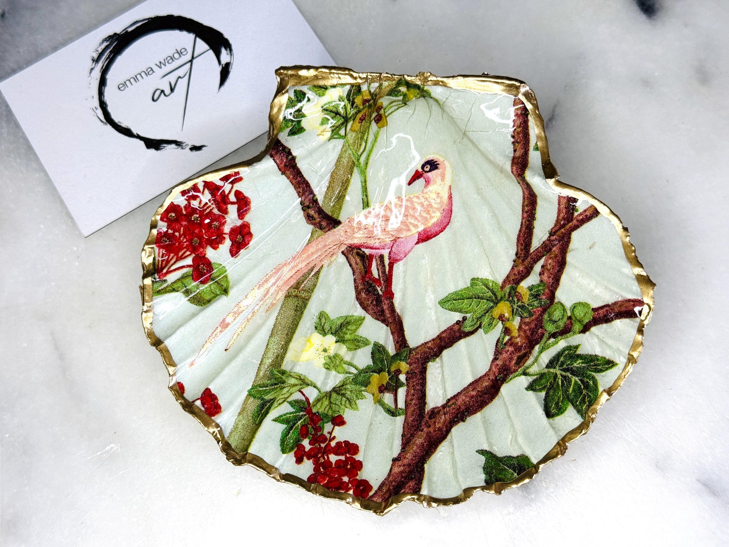 Birds of Paradise Scallop Shell Trinket Dish, Gold Leaf Coastal Jewellery Holder, Pink Bird Ring Dish, Handmade Dorset Shell Decor