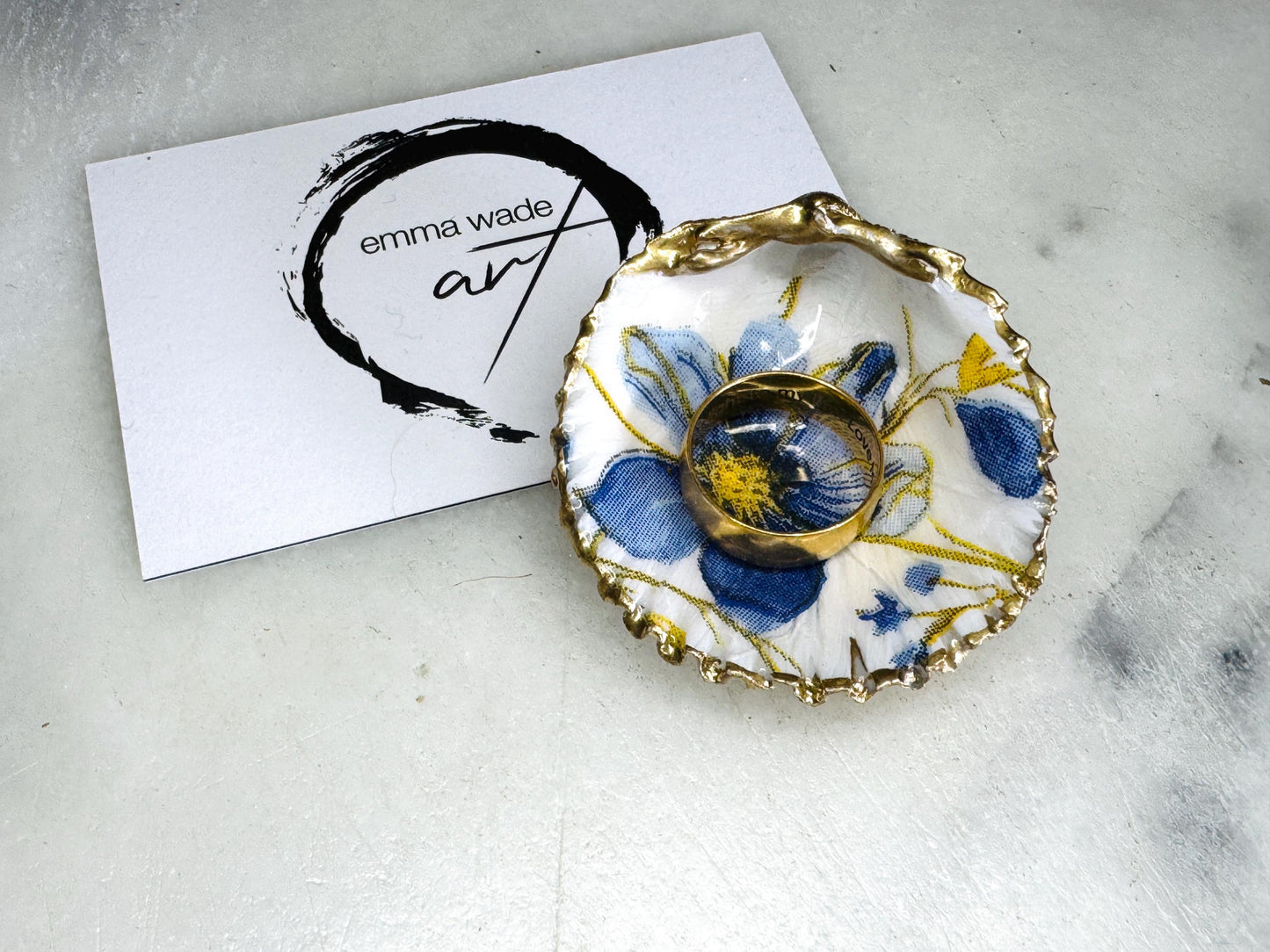 Gift for her, Gift for him, Spring gift, decoupaged scallop shell, Ring holder, Shell scallop Jewellery dish, Trinket dish, flower gift, Anniversary gift , Wedding gift, gift for Mum, Coastal decor, flower gift, EmmaWadeART, nature lover gift, Ring Holder, Proposal Flower shell trinket and ring set, Coastal Wall Decor, Scallop Shell Trinket Dish by Emma Wade ART, Coastal Triptych UK, UK shell ART, Bluebell Ring Dish, Blue Yellow Flowers trinket dish, scallop and cockle dish set, ring bearer dish