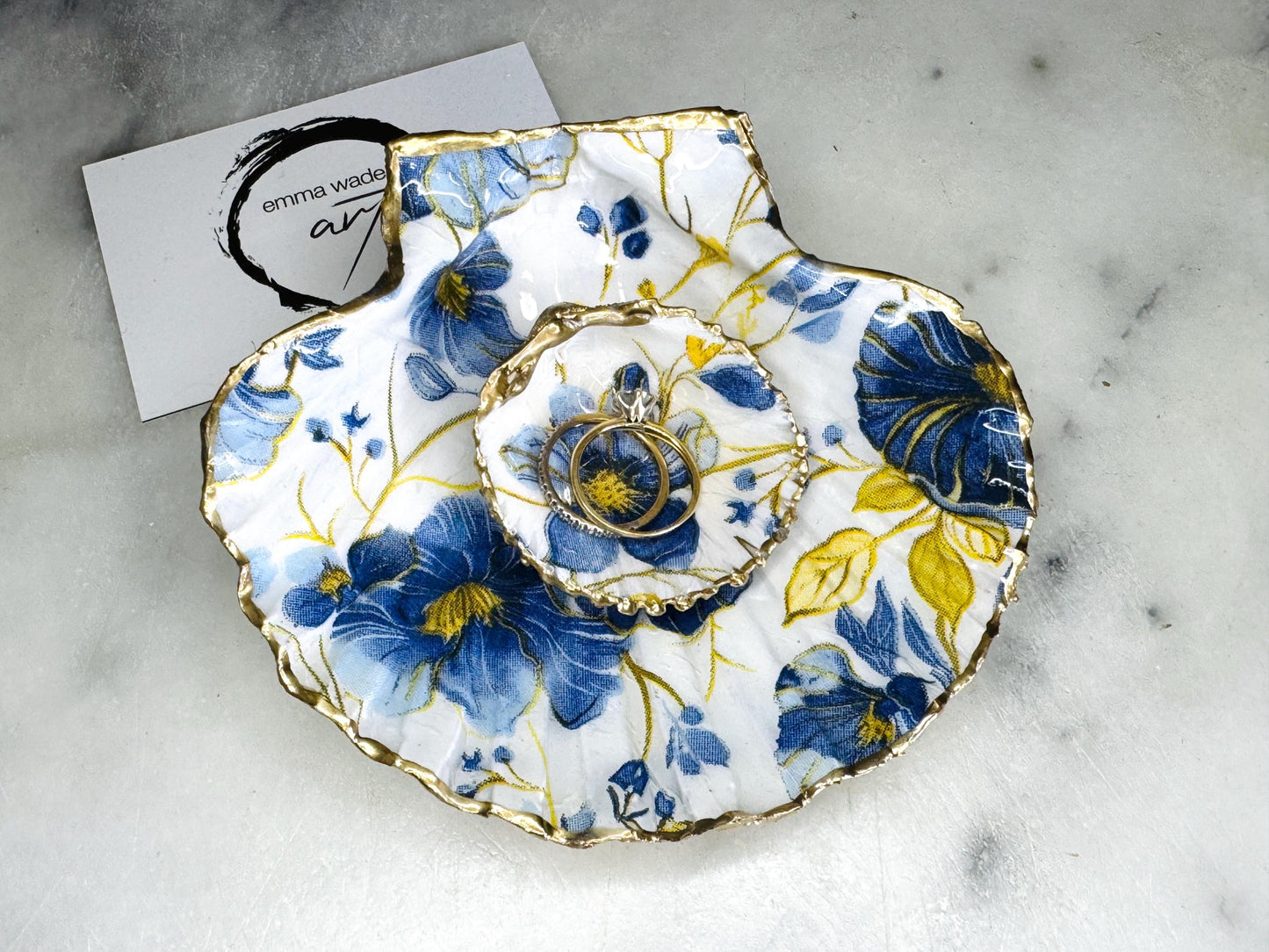 Gift for her, Gift for him, Spring gift, decoupaged scallop shell, Ring holder, Shell scallop Jewellery dish, Trinket dish, flower gift, Anniversary gift , Wedding gift, gift for Mum, Coastal decor, flower gift, EmmaWadeART, nature lover gift, Ring Holder, Proposal Flower shell trinket and ring set, Coastal Wall Decor, Scallop Shell Trinket Dish by Emma Wade ART, Coastal Triptych UK, UK shell ART, Bluebell Ring Dish, Blue Yellow Flowers trinket dish, scallop and cockle dish set, ring bearer dish