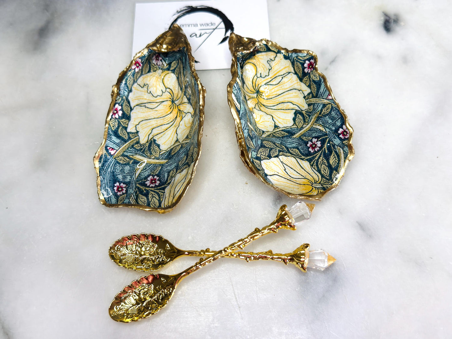 William Morris Golden Pimpernel oyster shell cruet set, Dorset oyster shell salt and pepper pinch pots, handmade gold leaf gilded oyster shell dishes, sustainable coastal tableware, oyster shell salt gift for weddings or anniversaries, William Morris floral oyster shell kitchen decor, luxury oyster shell dining accessories, unique handmade oyster shell salt dishes UK, eco friendly oyster shell homeware, Dorset oyster shell salt and pepper gift set with optional gold crystal spoons