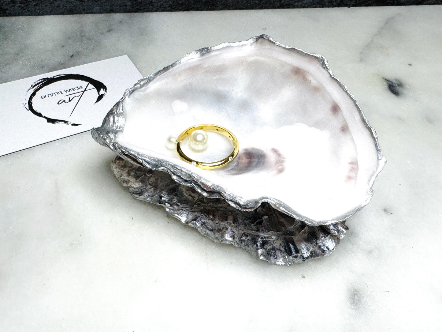 Handmade Pearl Oyster Ring Dish: Silver Leaf Coastal Jewelry Holder
