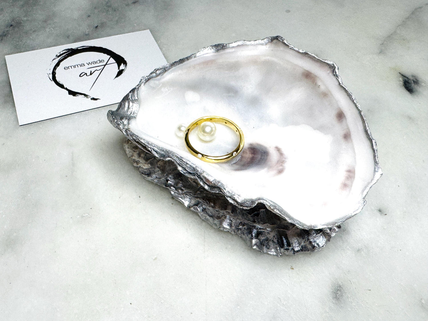 Handmade Pearl Oyster Ring Dish: Silver Leaf Coastal Jewelry Holder