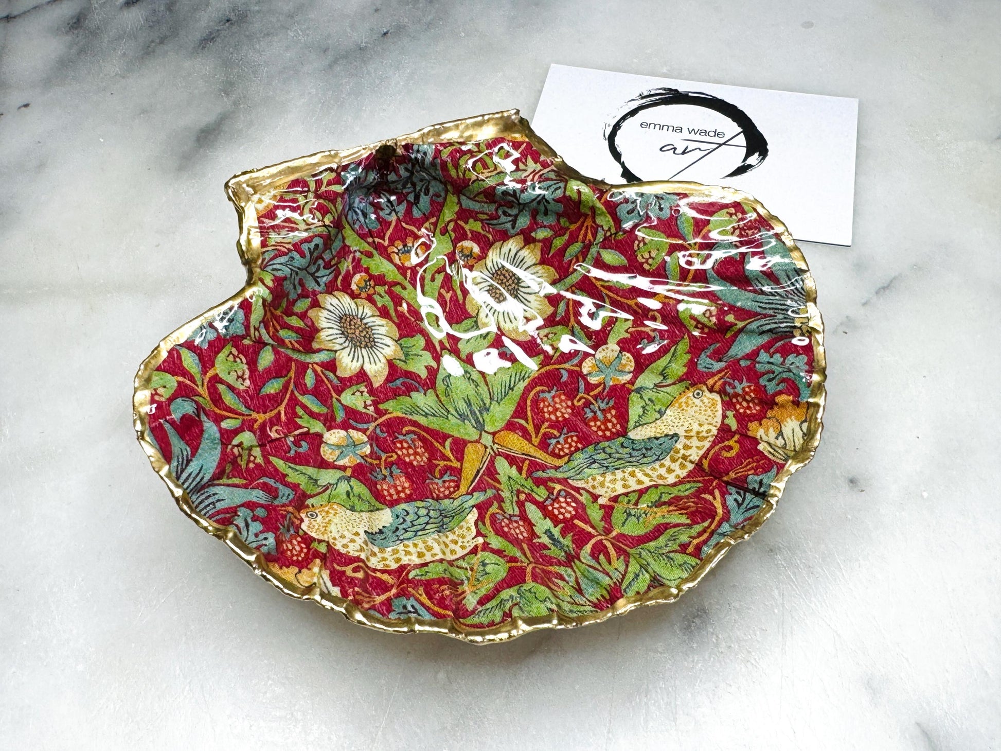 Gifts for her, Gift for him, coastal gift ideas, decoupaged scallop shell, Ring holder, Shell Jewellery box, Trinket and jewellery dish, Anniversary gift, Wedding gift, anniversary gift, Coastal decor, William Morris gift, William Morris ornament, Scallop Ring Tray, Strawberry thief Red Black, Coastal Gift, Christmas Gift, Ring Bearers Dish, Proposal Ring Tray, Gift for Mum, William Morris decor, Bird Dish, Handmade William Morris Gift, Emma Wade ART, Gold Gilded Dish, UK scallop dish