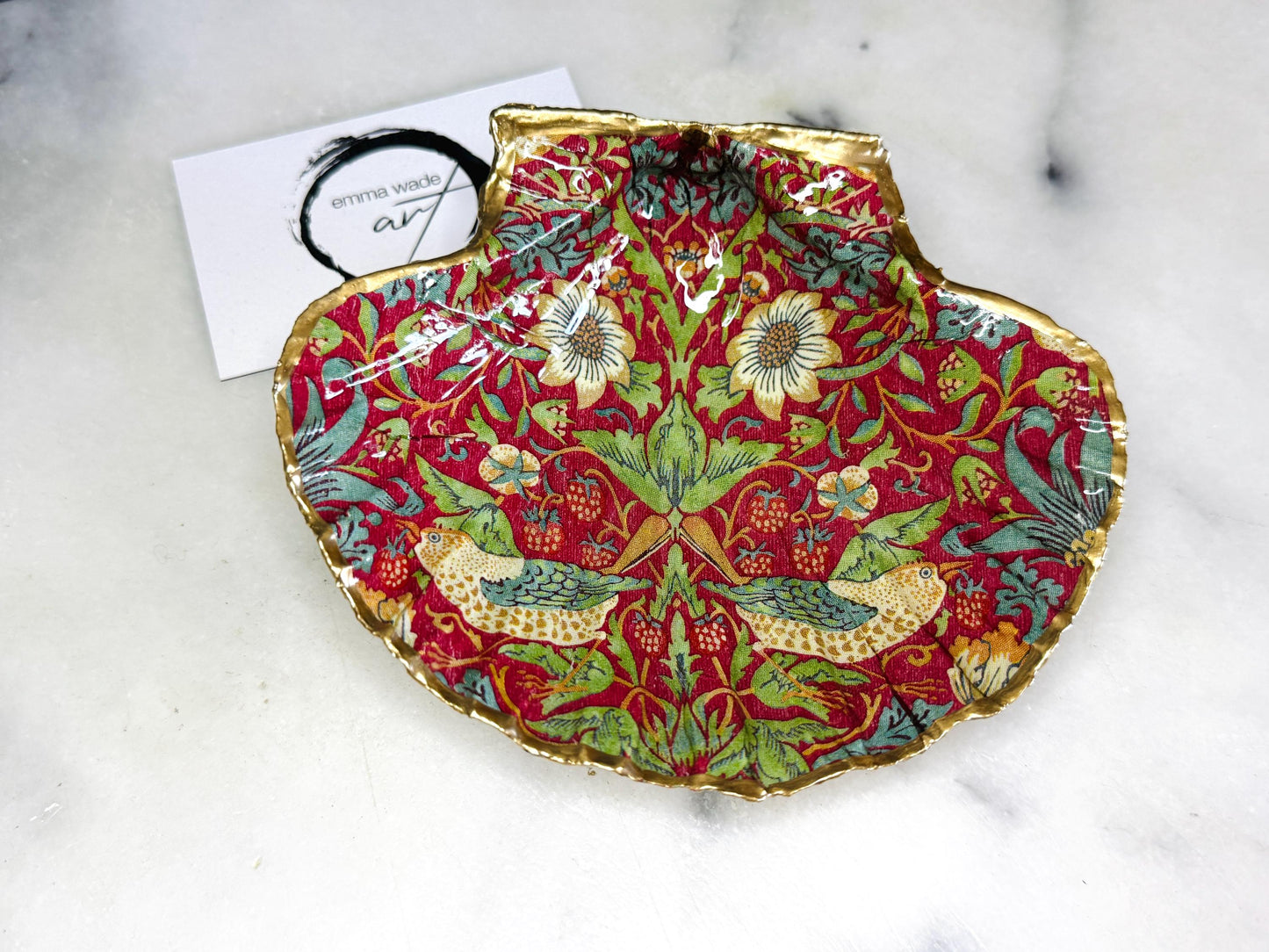 Gifts for her, Gift for him, coastal gift ideas, decoupaged scallop shell, Ring holder, Shell Jewellery box, Trinket and jewellery dish, Anniversary gift, Wedding gift, anniversary gift, Coastal decor, William Morris gift, William Morris ornament, Scallop Ring Tray, Strawberry thief Red Black, Coastal Gift, Christmas Gift, Ring Bearers Dish, Proposal Ring Tray, Gift for Mum, William Morris decor, Bird Dish, Handmade William Morris Gift, Emma Wade ART, Gold Gilded Dish, UK scallop dish