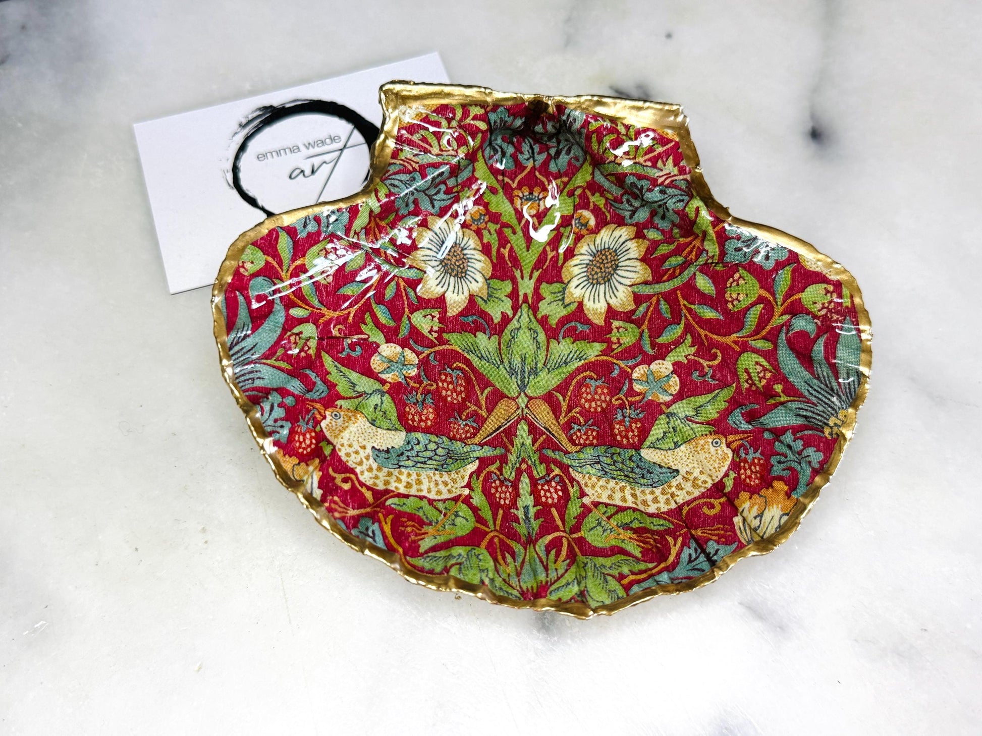 Gifts for her, Gift for him, coastal gift ideas, decoupaged scallop shell, Ring holder, Shell Jewellery box, Trinket and jewellery dish, Anniversary gift, Wedding gift, anniversary gift, Coastal decor, William Morris gift, William Morris ornament, Scallop Ring Tray, Strawberry thief Red Black, Coastal Gift, Christmas Gift, Ring Bearers Dish, Proposal Ring Tray, Gift for Mum, William Morris decor, Bird Dish, Handmade William Morris Gift, Emma Wade ART, Gold Gilded Dish, UK scallop dish