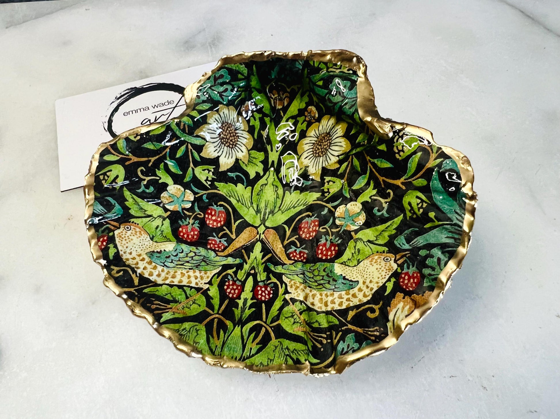 Gifts for her, Gift for him, coastal gift ideas, decoupaged scallop shell, Ring holder, Shell Jewellery box, Trinket and jewellery dish, Anniversary gift, Wedding gift, anniversary gift, Coastal decor, William Morris gift, William Morris ornament, Scallop Ring Tray, Strawberry thief Red Black, Coastal Gift, Christmas Gift, Ring Bearers Dish, Proposal Ring Tray, Gift for Mum, William Morris decor, Bird Dish, Handmade William Morris Gift, Emma Wade ART, Gold Gilded Dish, UK scallop dish