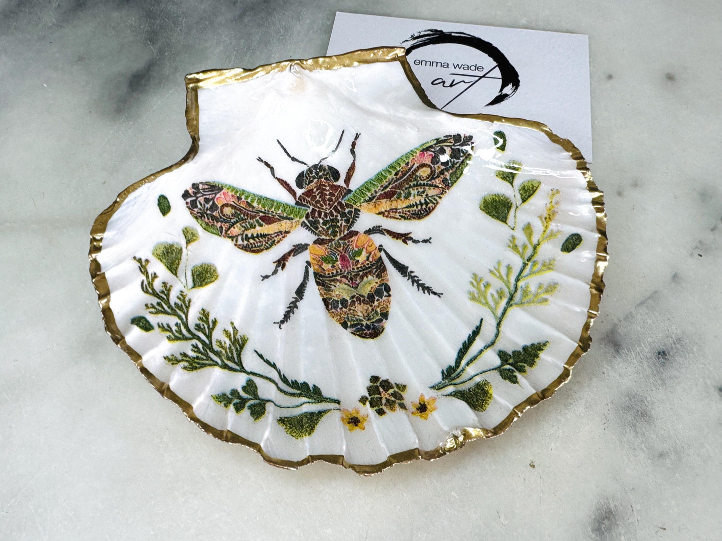 Gift for her, decoupaged shell, bee dish, shell jewelry trinket dish,  jewellery dish, trinket dish, nature lover gift, scallop jewelry ring dish, wedding gift, anniversary gift, coastal gift, bee decoration, bee lover gift, EmmaWadeART, gardeners gift, gift for him, bee lover gift, world bee day, bee jewelry shell dish, bee trinket tray, bee scallop shell, bee ornament, bee decoration, bee accessory, bee serving plate, bee plate, bee dish, bee happy dish, Bee Christmas gift,