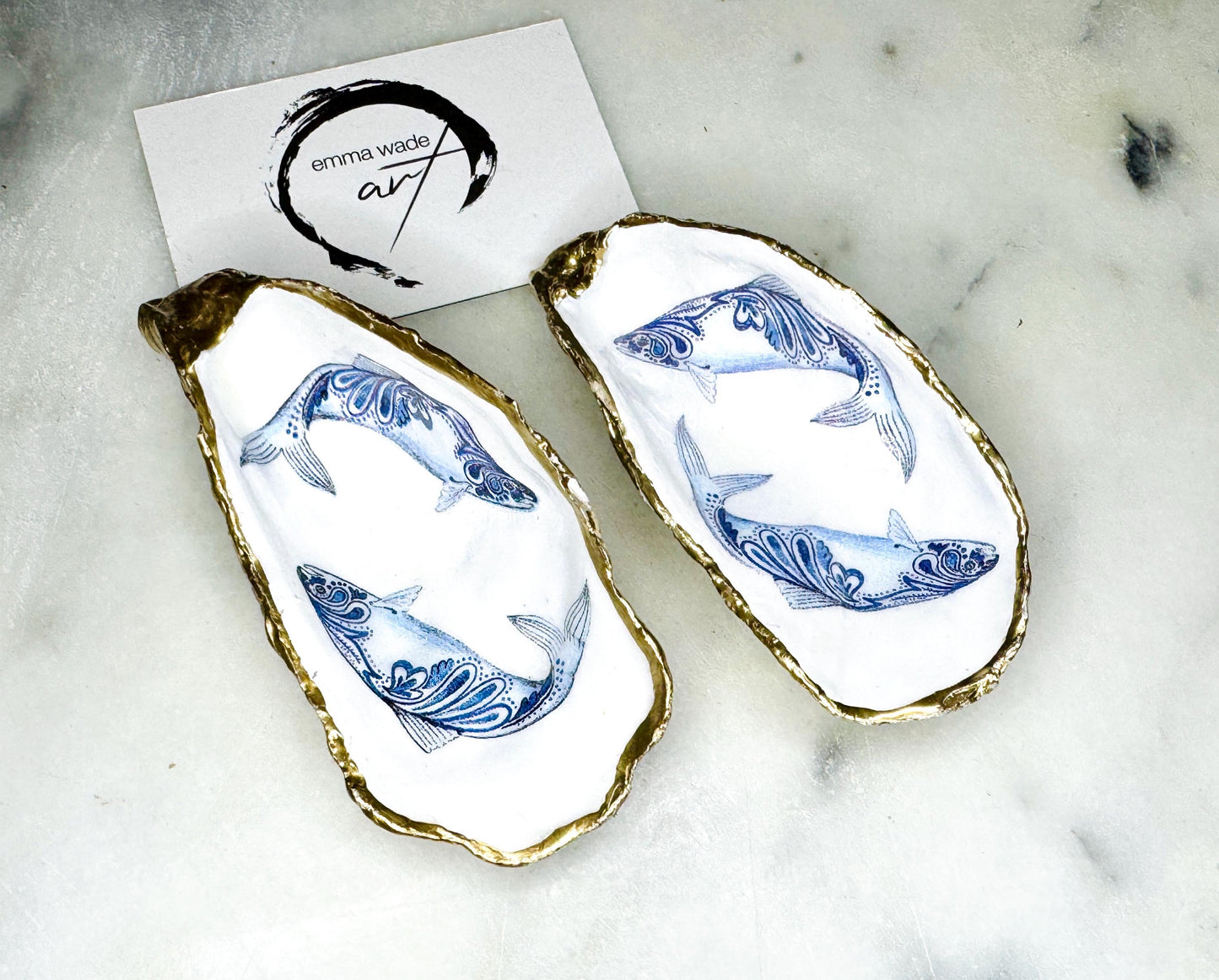 Blue Paisley Fish Oyster Shell Trinket Dish – Gold Leaf Coastal Jewellery Holder, Handmade Dorset Shell Dish, Ring Holder Gift