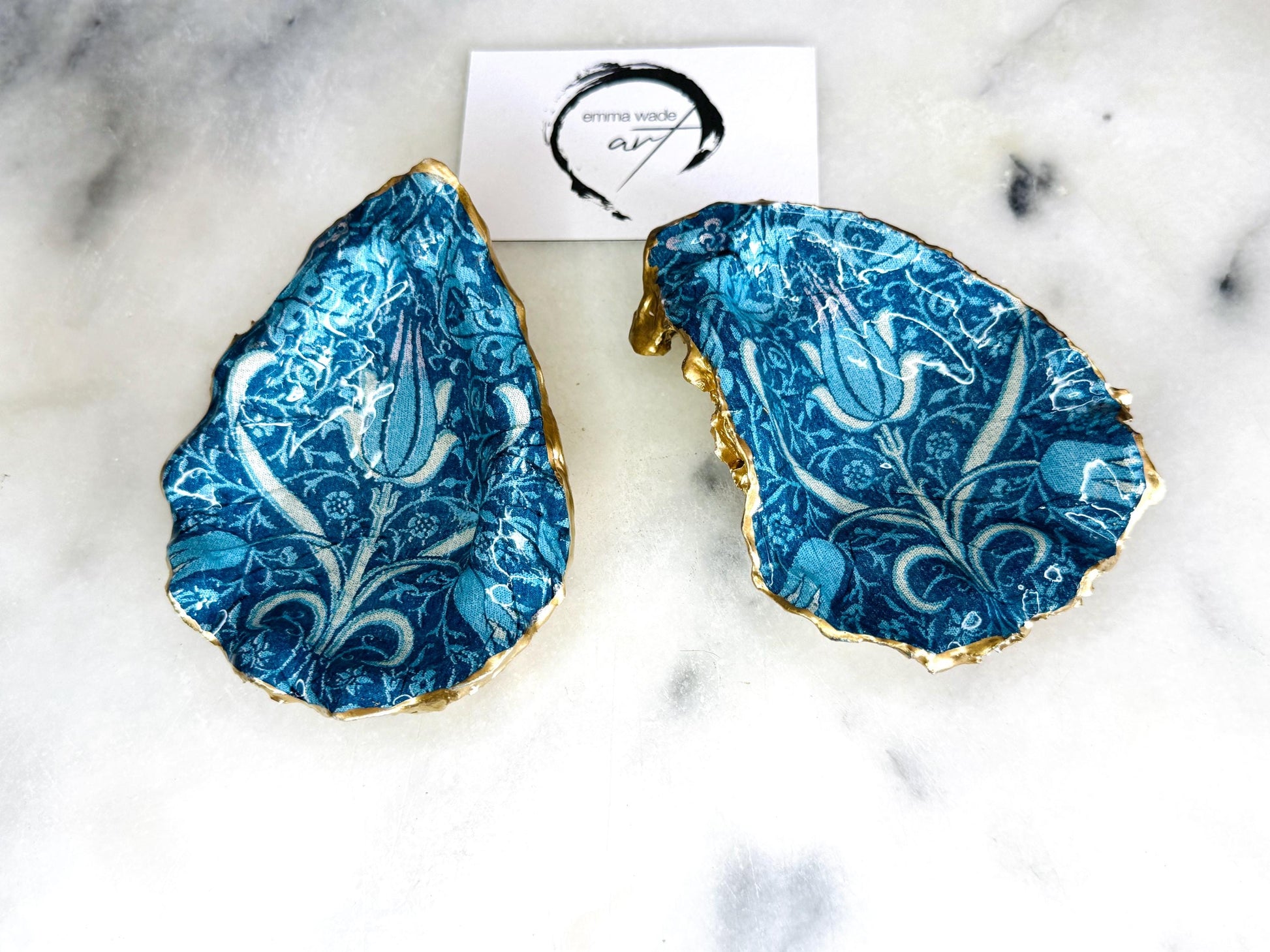 William Morris tulip bluebells and nettle oyster shell dish, Dorset oyster shell jewellery holder, gold leaf gilded floral trinket dish, handmade coastal oyster shell decor UK, William Morris floral oyster shell ornament, oyster shell salt and pepper pinch pot, oyster shell cufflink tray, William Morris inspired oyster shell gift, eco friendly oyster shell bathroom decor, handmade Dorset oyster shell art, unique floral oyster shell jewellery dish, sustainable William Morris shell keepsake