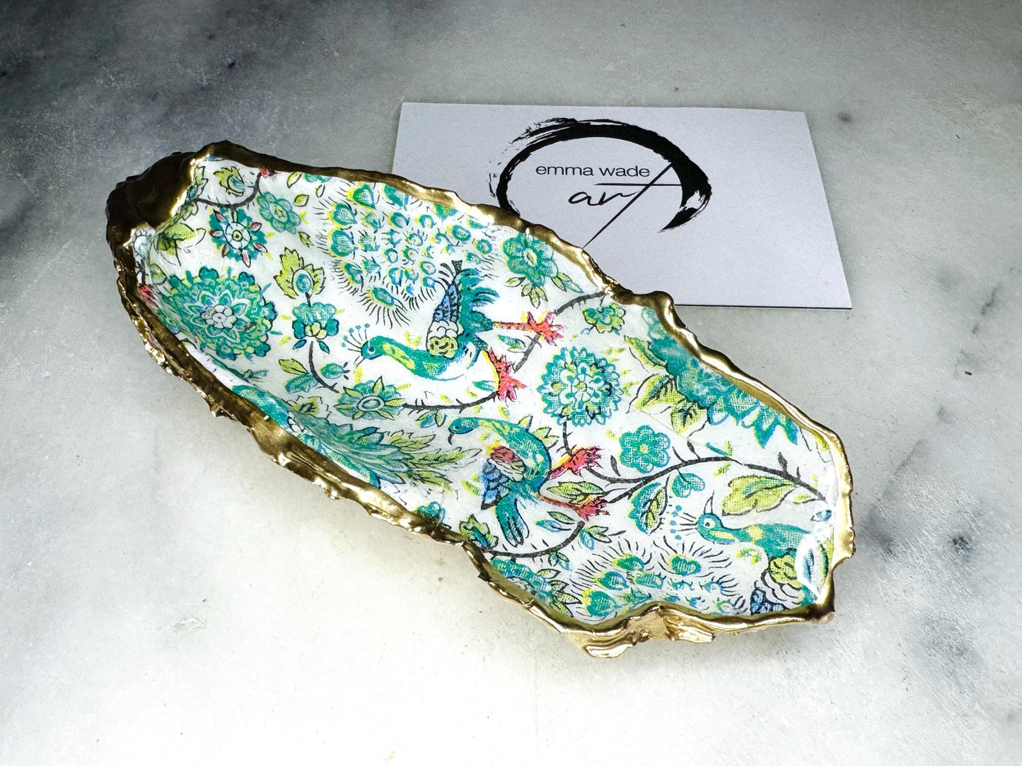 Hand Gilded Peacock Oyster Shell Trinket Dish: Dorset Coastal Decor, Dorset Shell Ring Holder, Bird lover gift