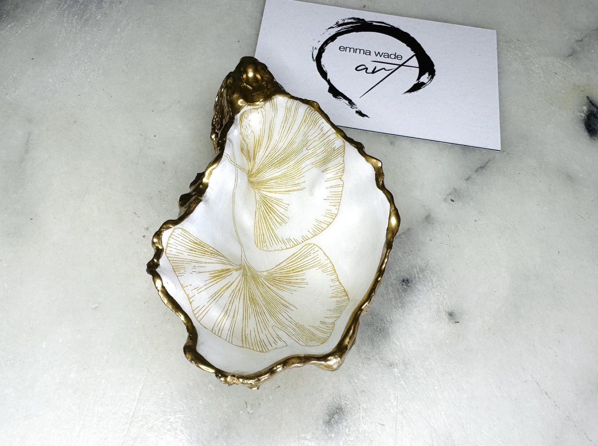 Japanese Gingko oyster shell dish, gold leaf ring holder, trinket dish, jewellery storage, handmade Dorset oyster ornament, coastal home decor, oyster shell wedding gift, salt and pepper pinch pot, tea light holder, spoon rest, eco-friendly oyster shell, unique handmade oyster dish UK, anniversary gift, bridal shower favour, nautical bathroom accessory, artisan oyster shell keepsake.