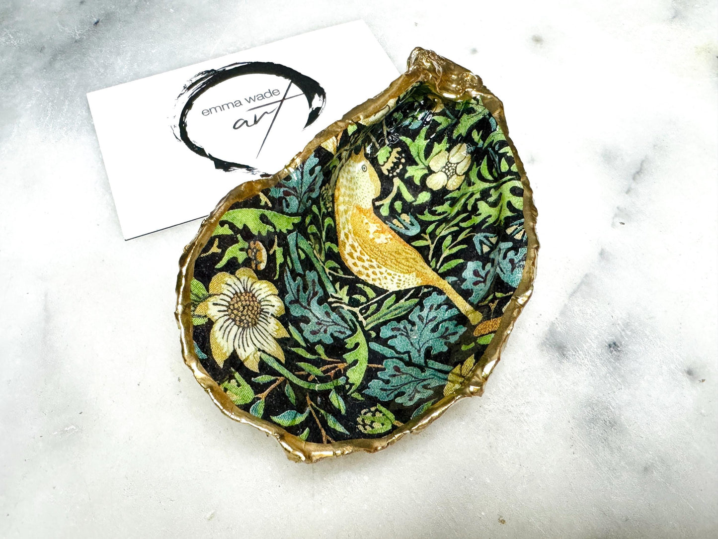 William Morris Green Black Strawberry Thief Oyster Dish | Gold Leaf Shell Jewellery Holder | Coastal Heritage Trinket Tray