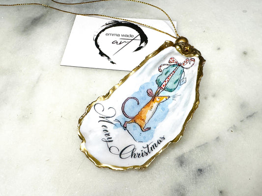 Handcrafted Christmas Mouse Oyster Shell Ornament | Gold Leaf Oyster Shell Decoration | Festive Coastal Gift