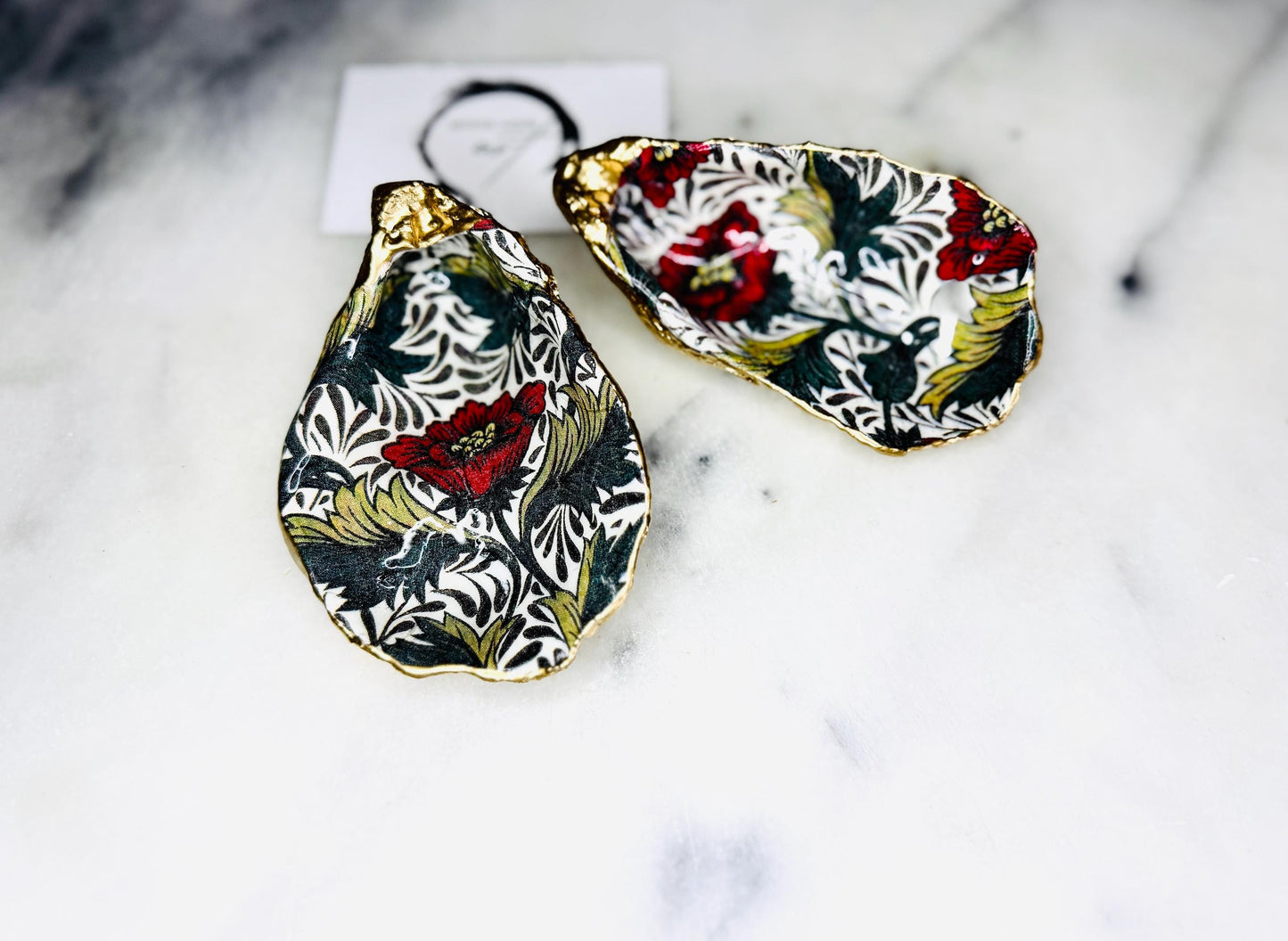 William Morris Red Peony Oyster Shell Trinket Dish: Gilded Gold Leaf Jewelry Dish, Heritage Gift, Coastal Decor