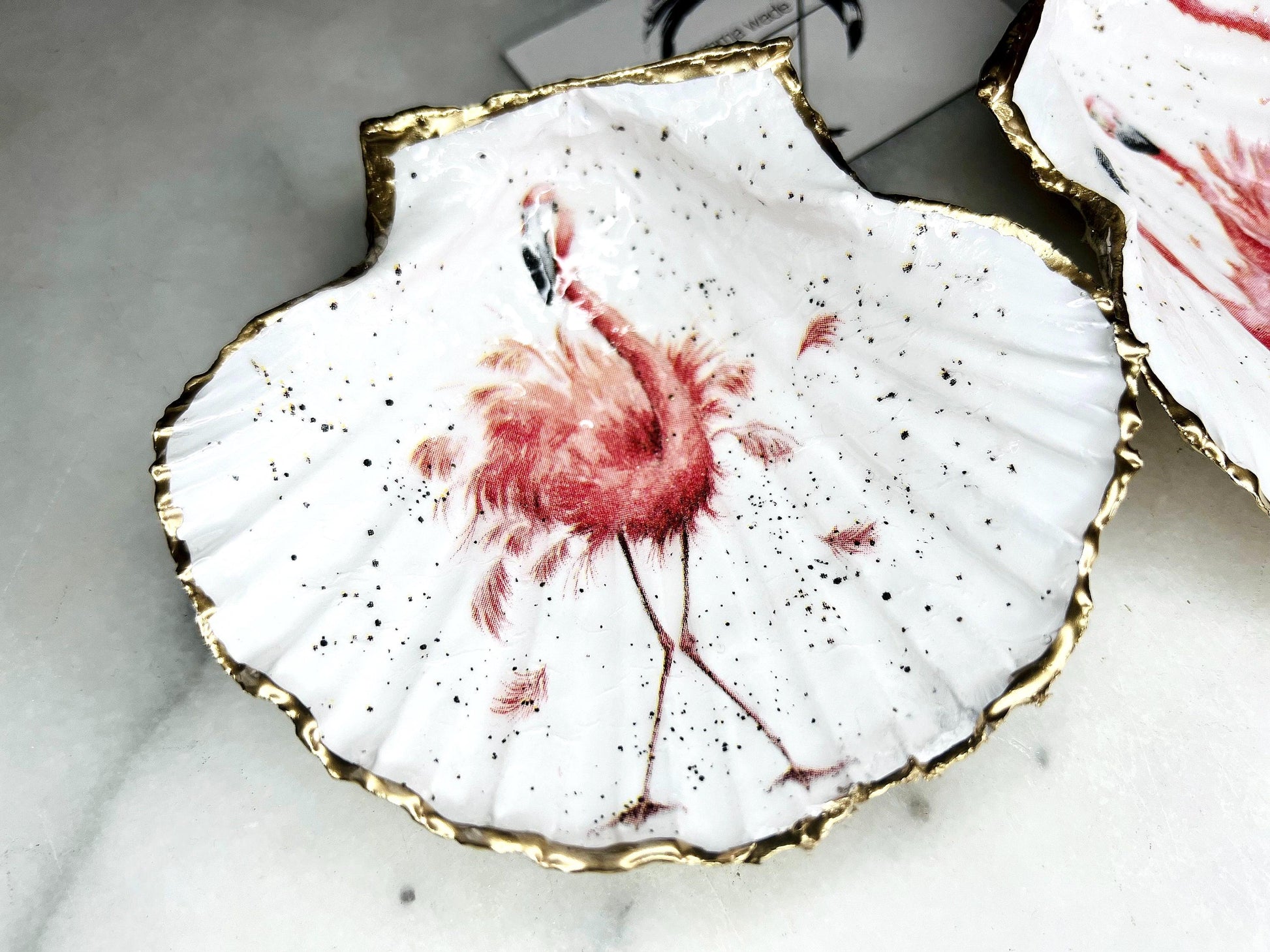 pink flamingo gift, Flamingo art, Decoupage scallop, shell trinket dish, jewellery shell dish, gift for her, ring carrier dish, coastal decor, shell Decor, pink bird dish, nature lover gift, coastal gift, gift for her, decorated dish, jewelry trinket dish, decoupage scallop shell, coastal decor by EmmaWadeART, ocean jewelry dish, ocean decor, shell trinket tray, scallop trinket tray, shell art, handmade trinket dish, gold gilded dish, proposal dish, ring dish display, ring bearer dish