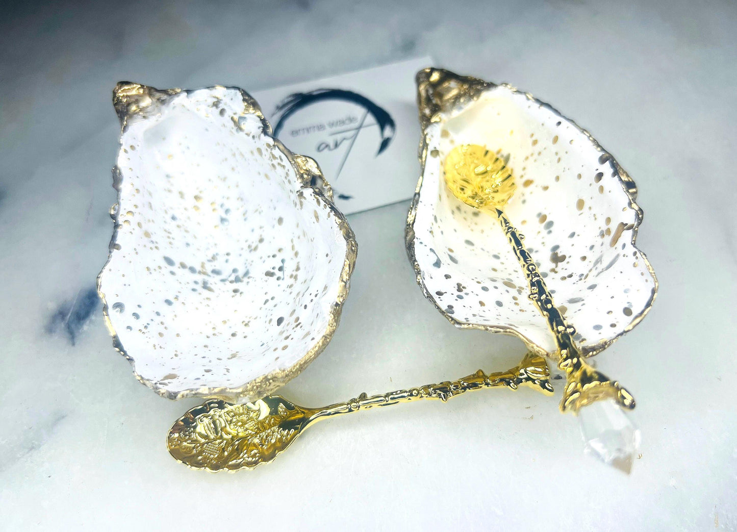 gift for her, dining decor, handmade dish, shell ornament, salt dish, salt and pepper pots, spice pots, coastal gifts, home decor, wedding favours, bridesmaid gift, pearl anniversary, shell decor, decorative accessories, EmmaWadeART, coastal decor, Handmade Dorset oyster shell salt and pepper pinch pots with glossy white interiors, speckled with liquid gold and silver leaf finish. Perfect coastal kitchen decor, beach wedding favours, or unique gift for foodies and hosts.
