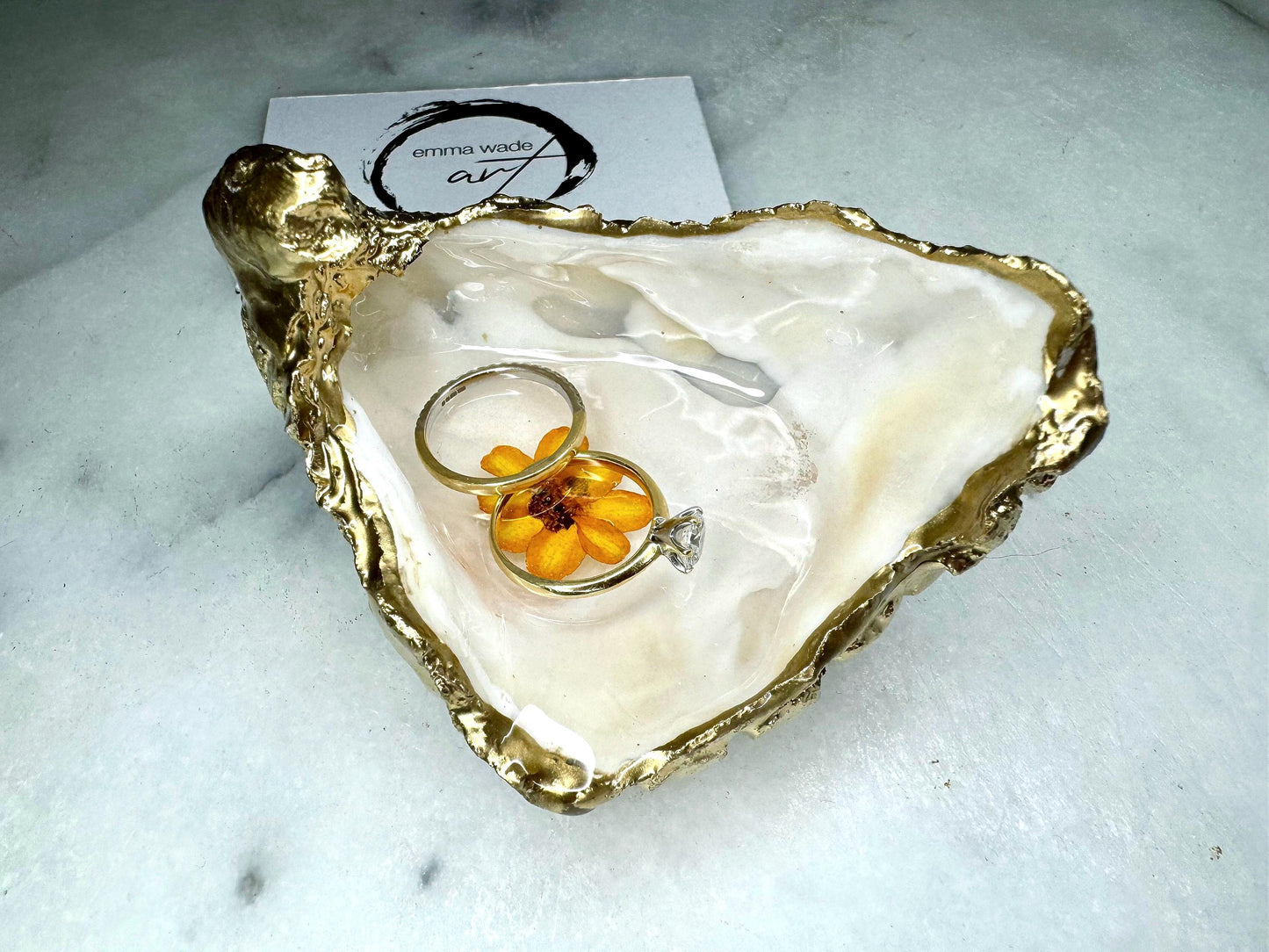 Gold Leaf Oyster Shell Ring Dish: Dorset Pearl Finish with Real Flower