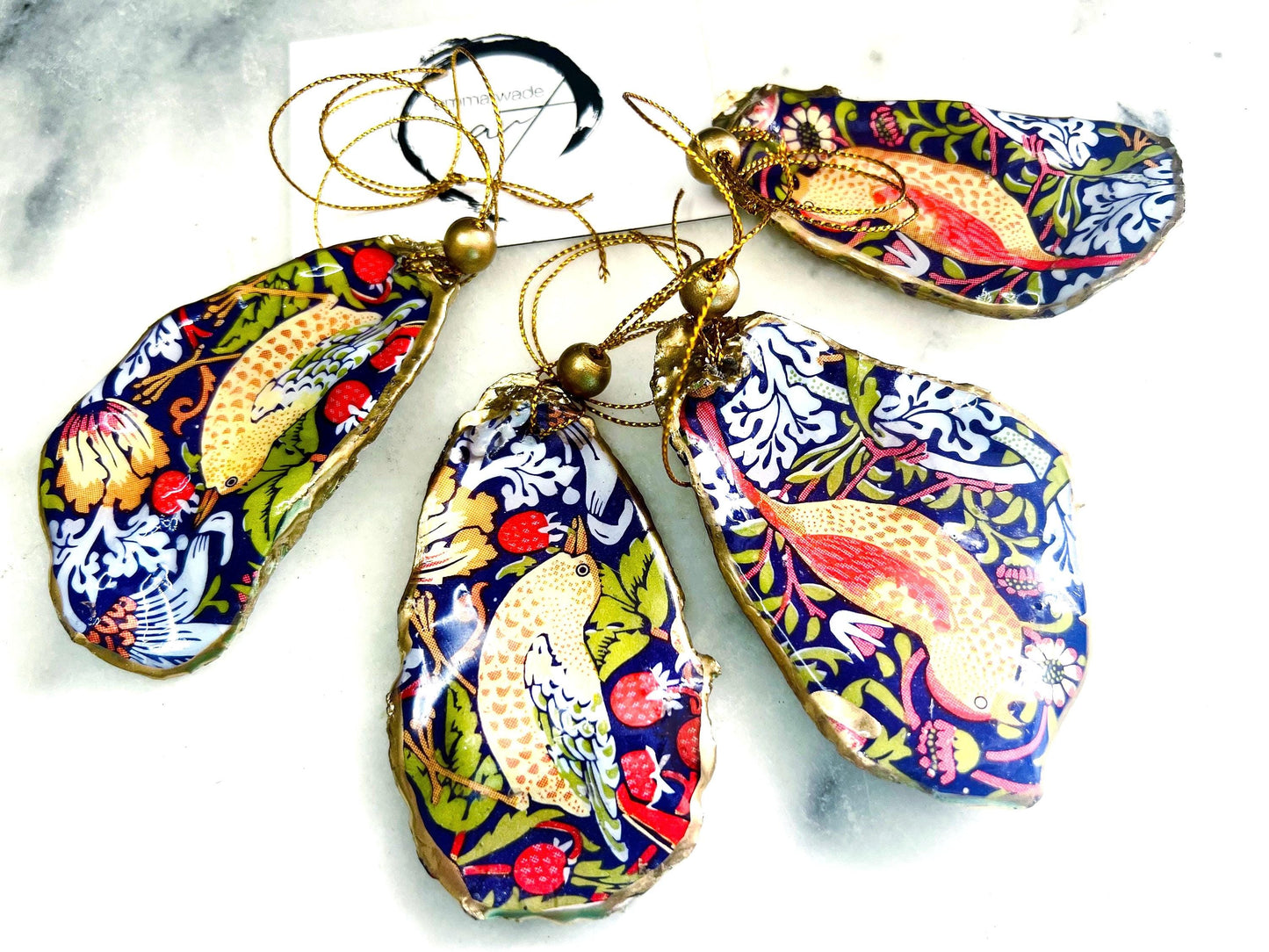 Gifts for her, hanging ornament, Christmas Tree Festive decoration, Festive decor, William Morris strawberry Thief Ornament, Anniversary gift , Christmas Gift Ideas, Handmade Christmas decoration, decoupaged oyster shell,  Uk Coastal shell decor