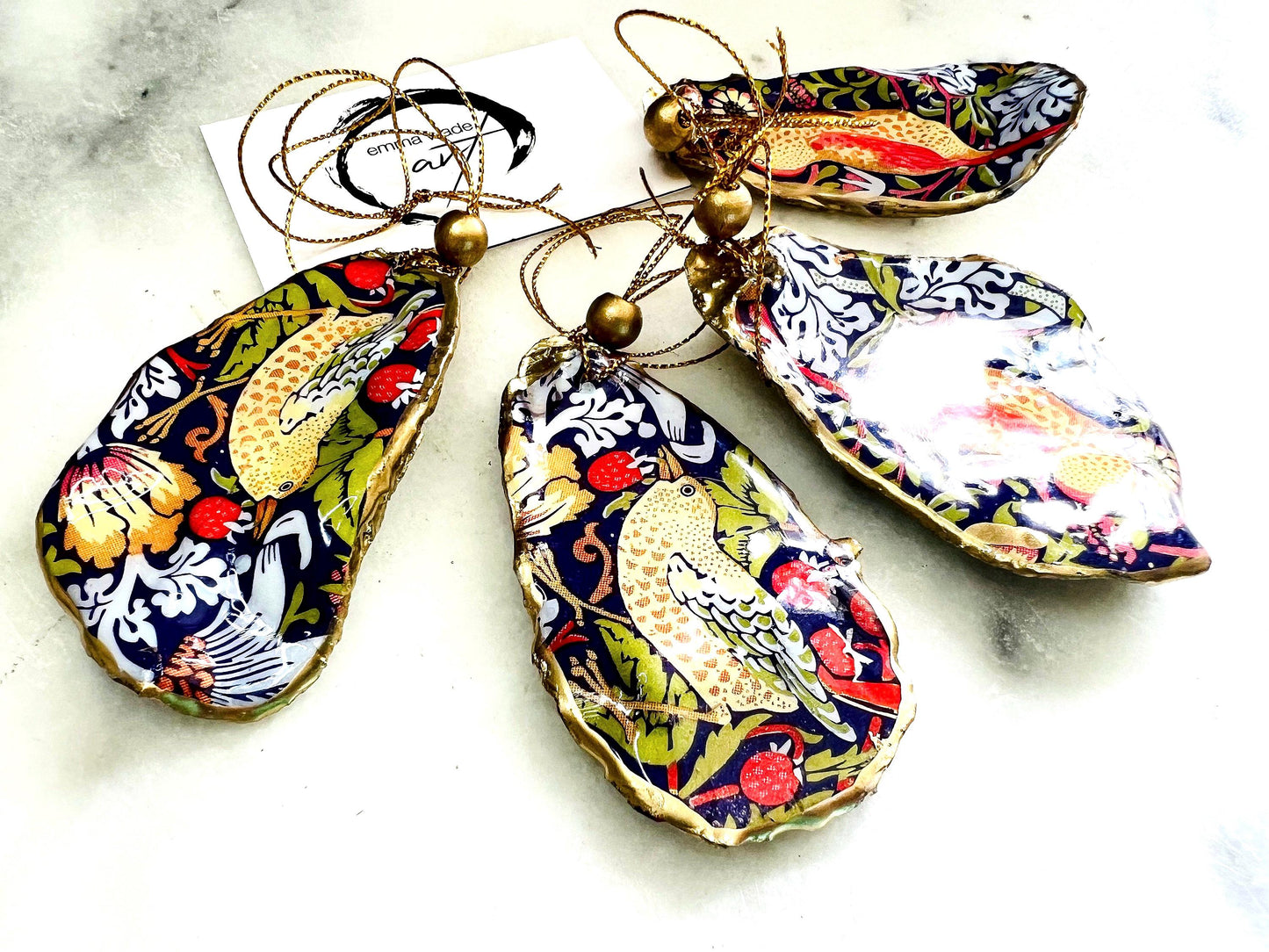 Gifts for her, hanging ornament, Christmas Tree Festive decoration, Festive decor, William Morris strawberry Thief Ornament, Anniversary gift , Christmas Gift Ideas, Handmade Christmas decoration, decoupaged oyster shell,  Uk Coastal shell decor