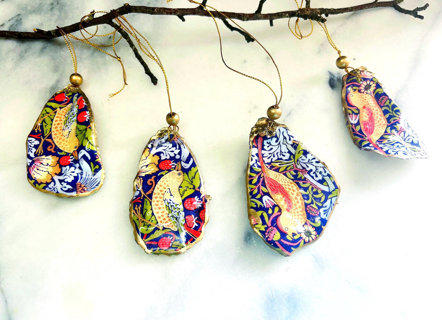 Gifts for her, hanging ornament, Christmas Tree Festive decoration, Festive decor, William Morris strawberry Thief Ornament, Anniversary gift , Christmas Gift Ideas, Handmade Christmas decoration, decoupaged oyster shell,  Uk Coastal shell decor