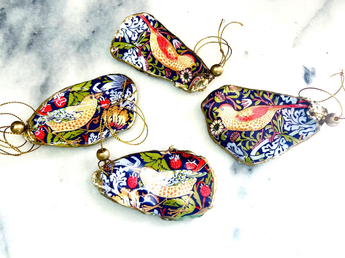 Gifts for her, hanging ornament, Christmas Tree Festive decoration, Festive decor, William Morris strawberry Thief Ornament, Anniversary gift , Christmas Gift Ideas, Handmade Christmas decoration, decoupaged oyster shell,  Uk Coastal shell decor