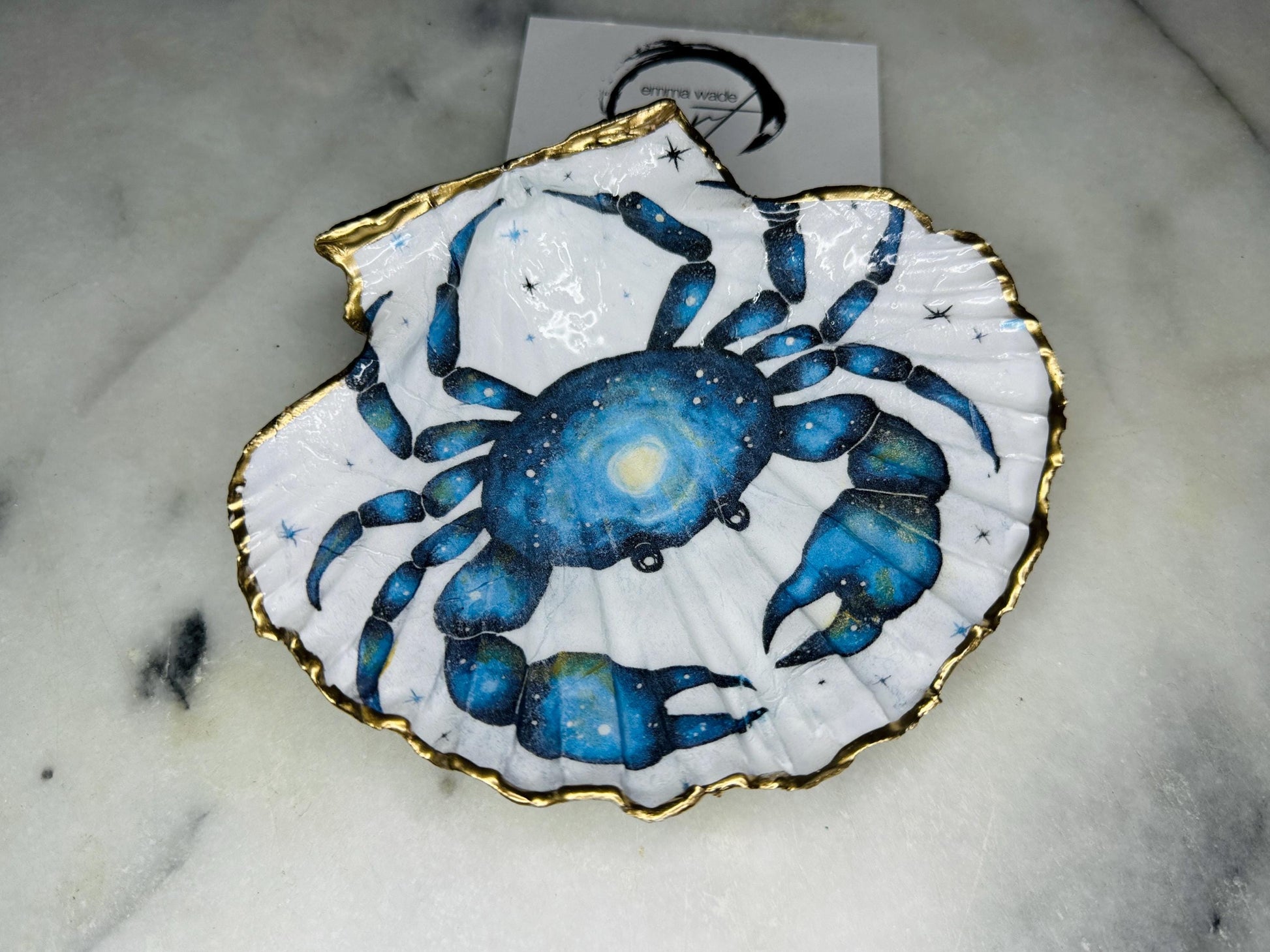 Hand Illustrated Blue Octopus Scallop Shell Trinket Dish: Shell Ring Tray | Coastal Decor | Beach Gift