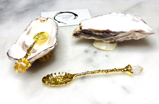 Oyster Shell Salt and Pepper Dishes: Dorset Pearl Finish with Limpet Stand