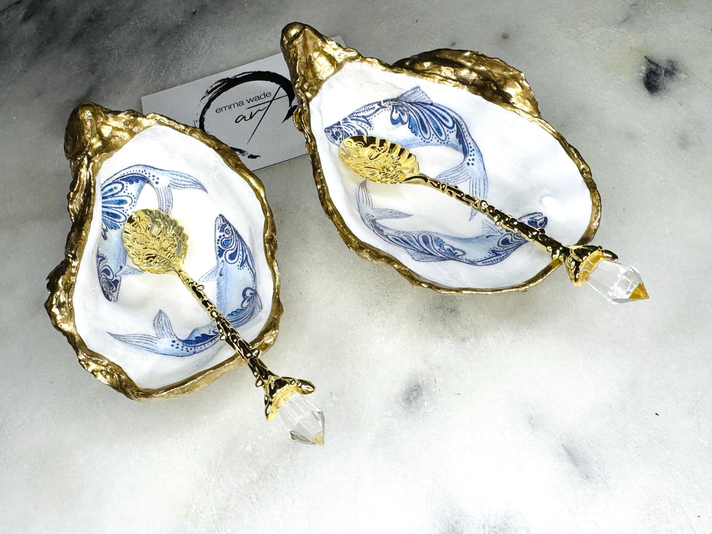 Pair of Paisley Fish Oyster Shell Salt & Pepper Pinch Pots | Coastal Cruet Set | Gold Leaf Oyster Shell Dishes | Add on 2 spoons
