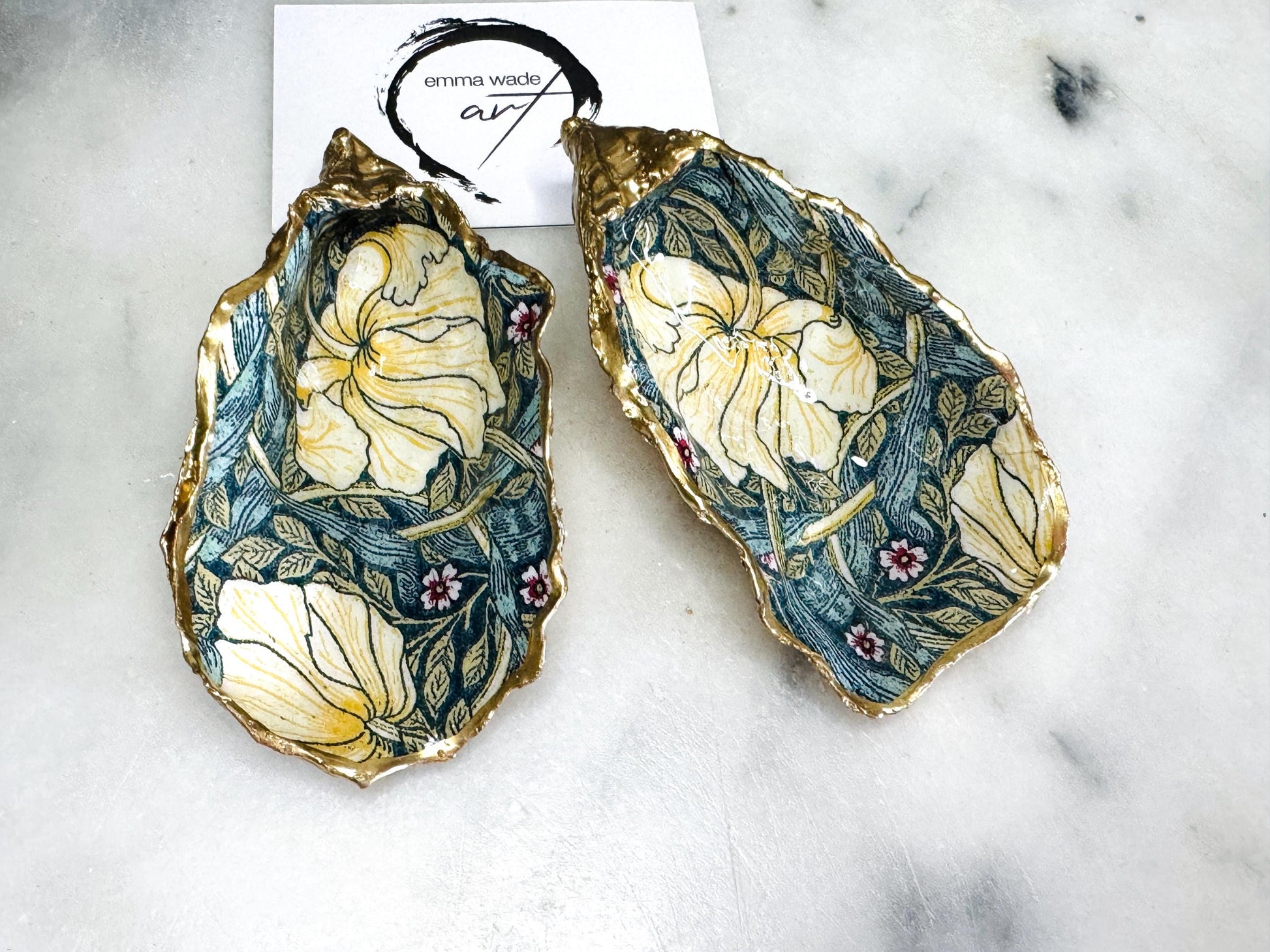 William Morris Golden Pimpernel oyster shell cruet set, Dorset oyster shell salt and pepper pinch pots, handmade gold leaf gilded oyster shell dishes, sustainable coastal tableware, oyster shell salt gift for weddings or anniversaries, William Morris floral oyster shell kitchen decor, luxury oyster shell dining accessories, unique handmade oyster shell salt dishes UK, eco friendly oyster shell homeware, Dorset oyster shell salt and pepper gift set with optional gold crystal spoons