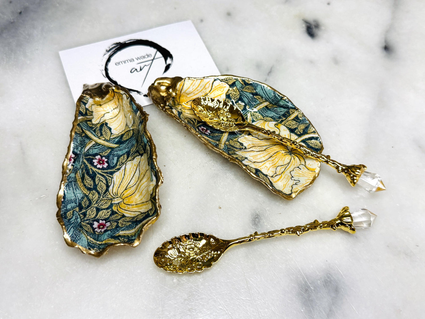 gift for her, salt cellar pinch pots, William Morris Pimpernel salt and pepper pots, William Morris spice pots, Pimpernel,  coastal gifts, home decor, wedding favours, Christmas gift, Golden anniversary gift, decorative accessories, EmmaWadeART, coastal decor, spring gift, gold leaf oyster, oyster dishes, pearl oyster gift, kitchen decor, oyster pinch pots, gift for mum, handmade shell dishes, oyster serving dishes, gold leaf oyster, oyster art, gift for him, chefs gift, foodie gift, table decor