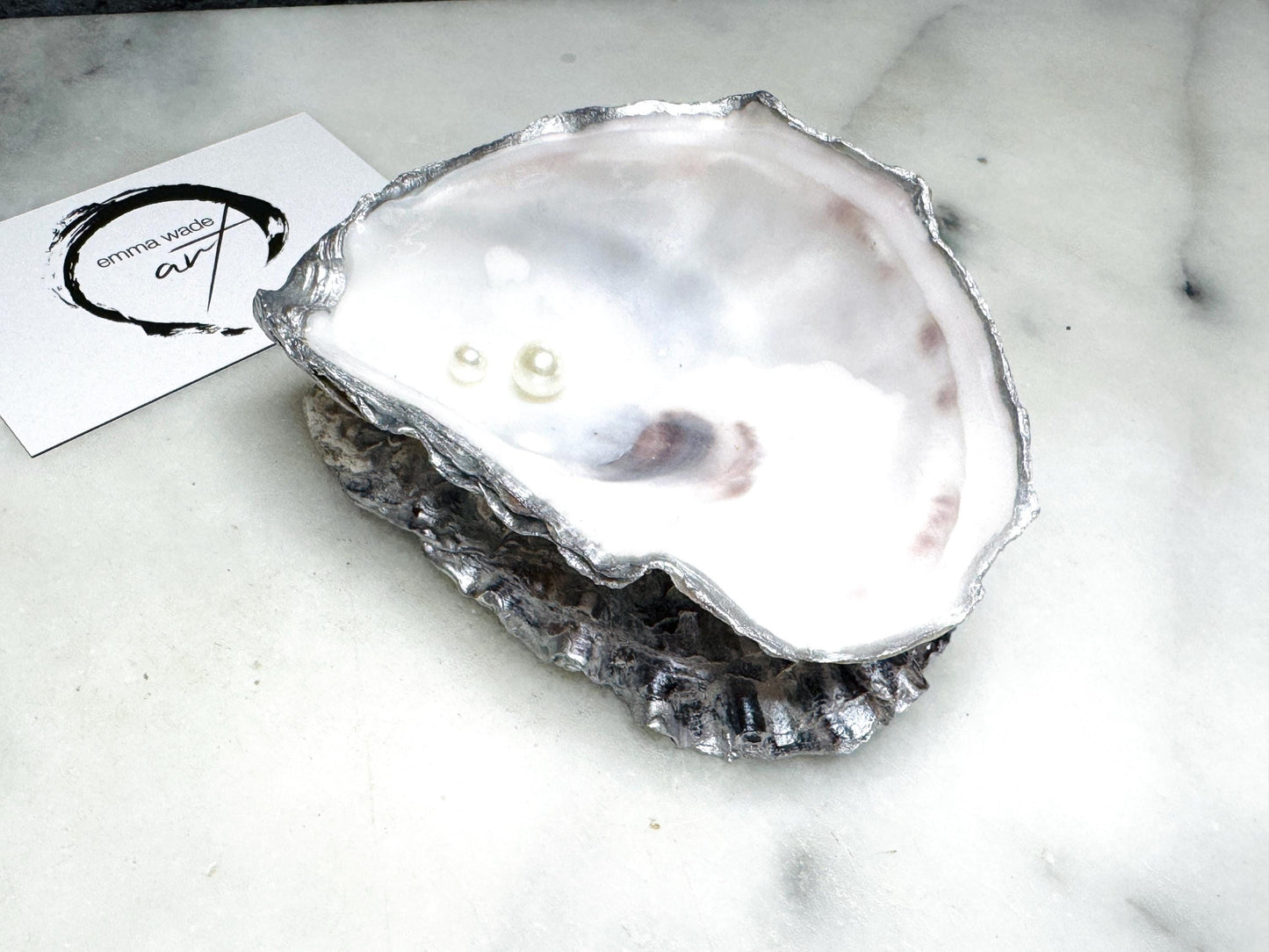 Handmade Pearl Oyster Ring Dish: Silver Leaf Coastal Jewelry Holder