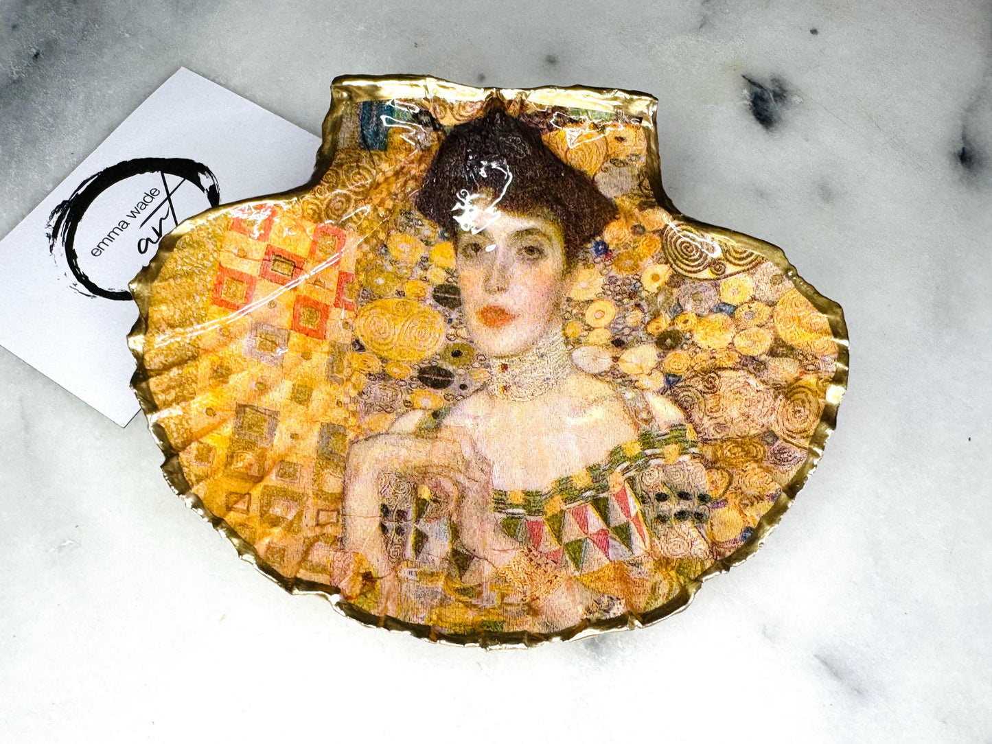 gifts for her, decorated dish, jewelry trinket dish, trinket dish, serving dish, handmade dish, coastal gift, Gustav Klimt gift, coastal gifts, coastal art, home decor, shell decorations, shell decor, gift for mum, gift for him, Gustav klimpt, the kiss, EmmaWadeArt, scallop trinket tray, scallop ring dish, shell ring dish, shell art, coastal decor, coastal shell ornament, shell art, gift for her, gift for him, ring bearer dish, coastal wedding gift, anniversary gift, gold gilded dish, resin dish