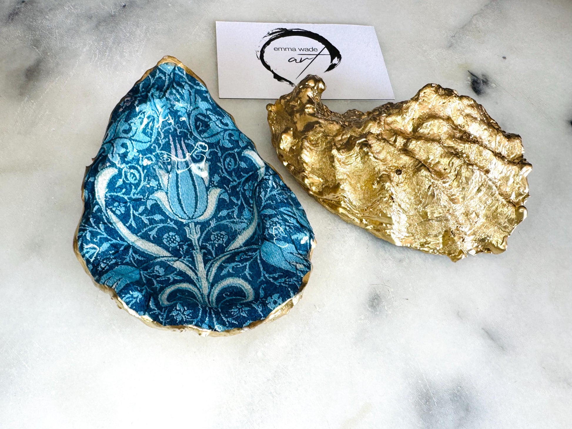 William Morris tulip bluebells and nettle oyster shell dish, Dorset oyster shell jewellery holder, gold leaf gilded floral trinket dish, handmade coastal oyster shell decor UK, William Morris floral oyster shell ornament, oyster shell salt and pepper pinch pot, oyster shell cufflink tray, William Morris inspired oyster shell gift, eco friendly oyster shell bathroom decor, handmade Dorset oyster shell art, unique floral oyster shell jewellery dish, sustainable William Morris shell keepsake