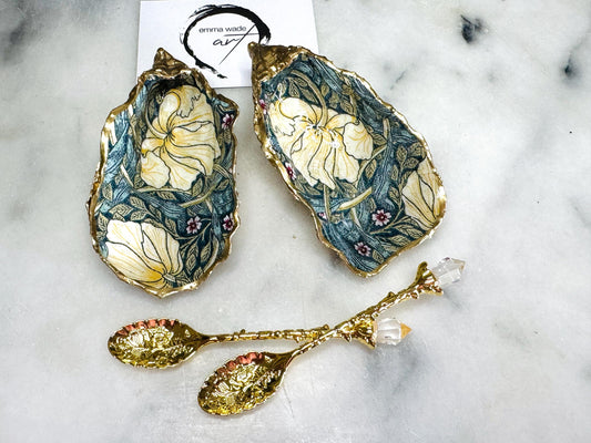 William Morris Golden Pimpernel oyster shell cruet set, Dorset oyster shell salt and pepper pinch pots, handmade gold leaf gilded oyster shell dishes, sustainable coastal tableware, oyster shell salt gift for weddings or anniversaries, William Morris floral oyster shell kitchen decor, luxury oyster shell dining accessories, unique handmade oyster shell salt dishes UK, eco friendly oyster shell homeware, Dorset oyster shell salt and pepper gift set with optional gold crystal spoons