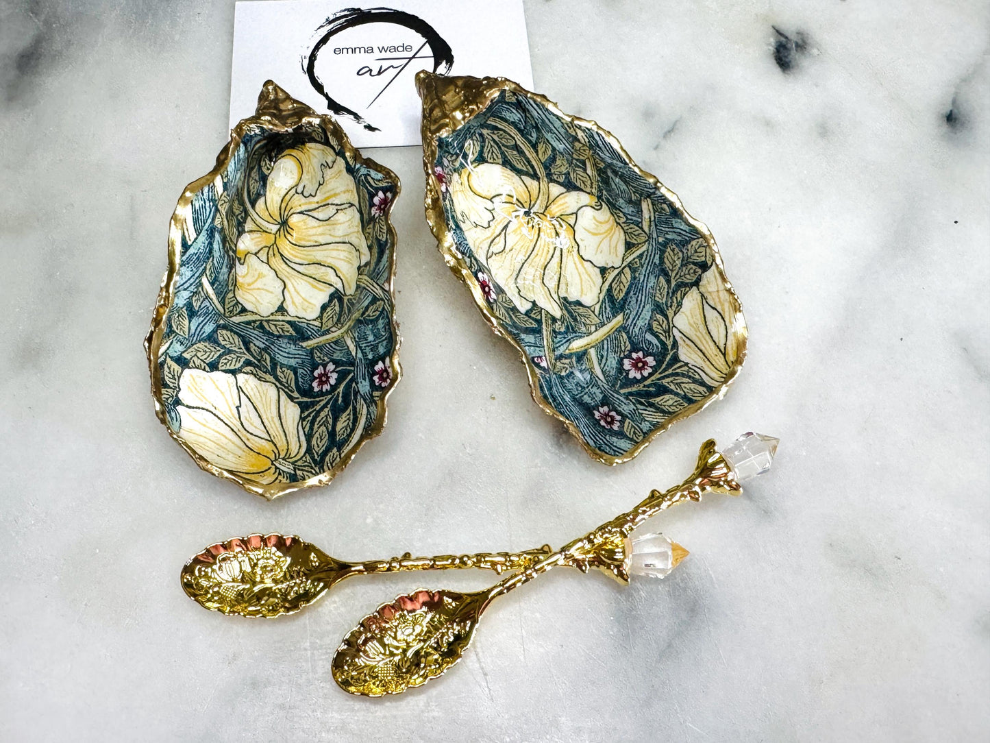 William Morris Golden Pimpernel oyster shell cruet set, Dorset oyster shell salt and pepper pinch pots, handmade gold leaf gilded oyster shell dishes, sustainable coastal tableware, oyster shell salt gift for weddings or anniversaries, William Morris floral oyster shell kitchen decor, luxury oyster shell dining accessories, unique handmade oyster shell salt dishes UK, eco friendly oyster shell homeware, Dorset oyster shell salt and pepper gift set with optional gold crystal spoons