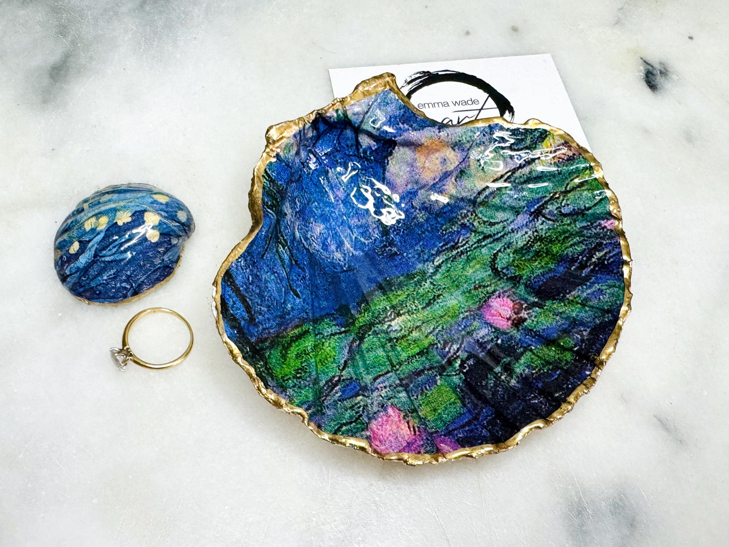 Monet Waterlilies Scallop and Cockle Shell Ring Jewellery Dish Set: Shell Trinket Dish Set, Heritage Gift, Coastal Gift
