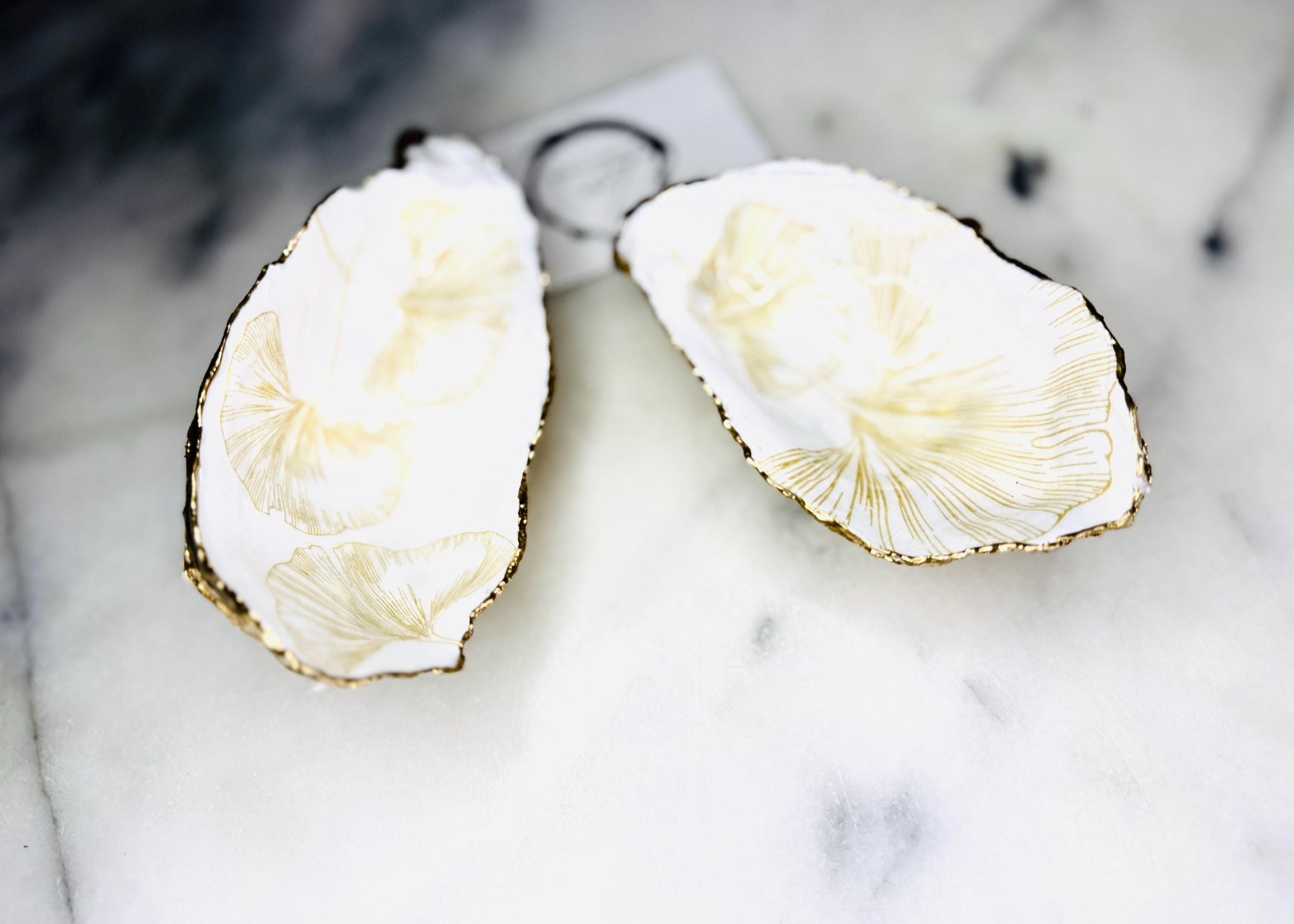 Japanese Gingko oyster shell dish, gold leaf ring holder, trinket dish, jewellery storage, handmade Dorset oyster ornament, coastal home decor, oyster shell wedding gift, salt and pepper pinch pot, tea light holder, spoon rest, eco-friendly oyster shell, unique handmade oyster dish UK, anniversary gift, bridal shower favour, nautical bathroom accessory, artisan oyster shell keepsake.