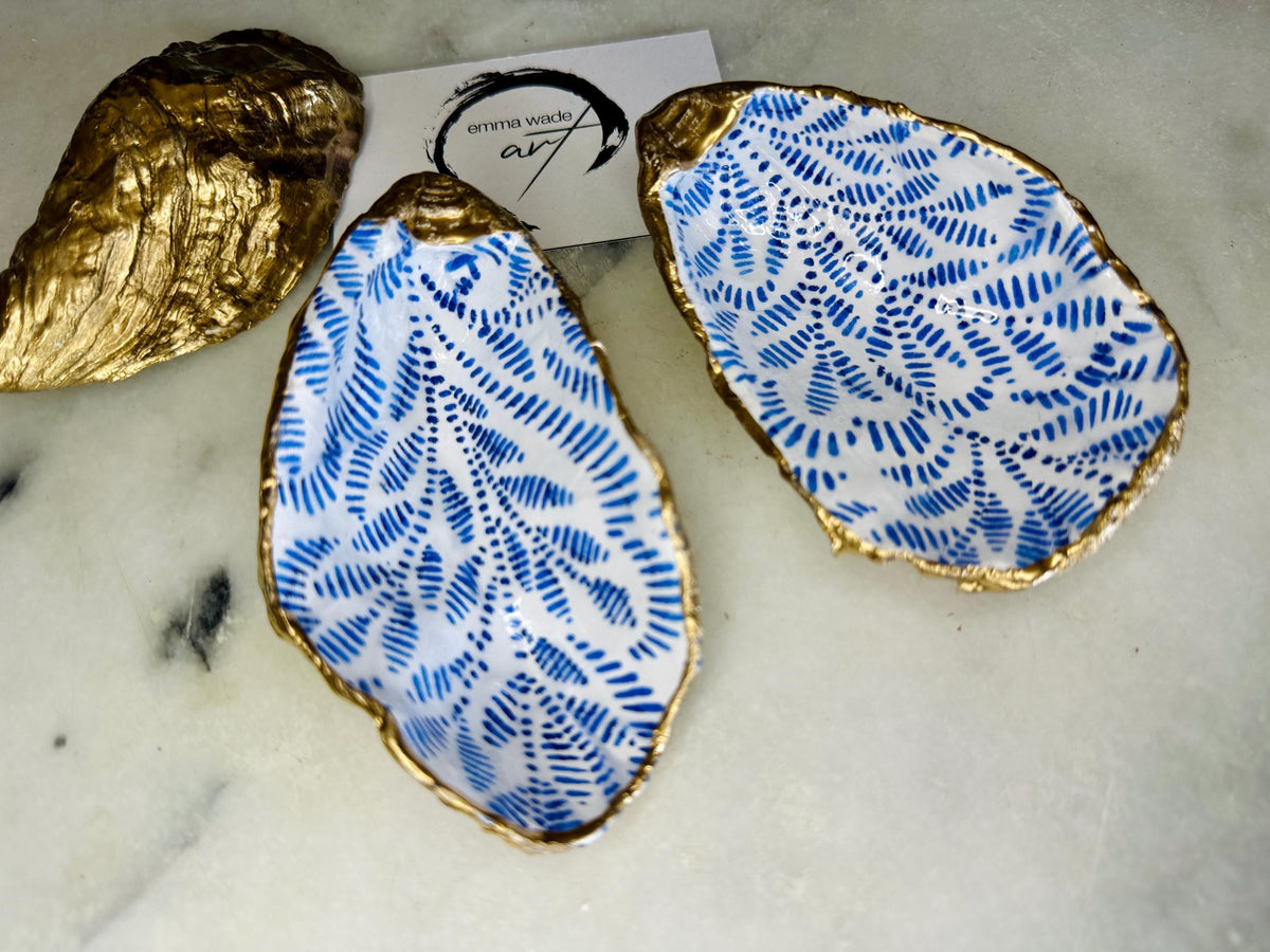 Sustainable Blue Floral Dorset Oyster Shell Salt & Pepper Dishes | Marimekko-Inspired Blue Flower Dishes | Coastal Gift Set with spoons